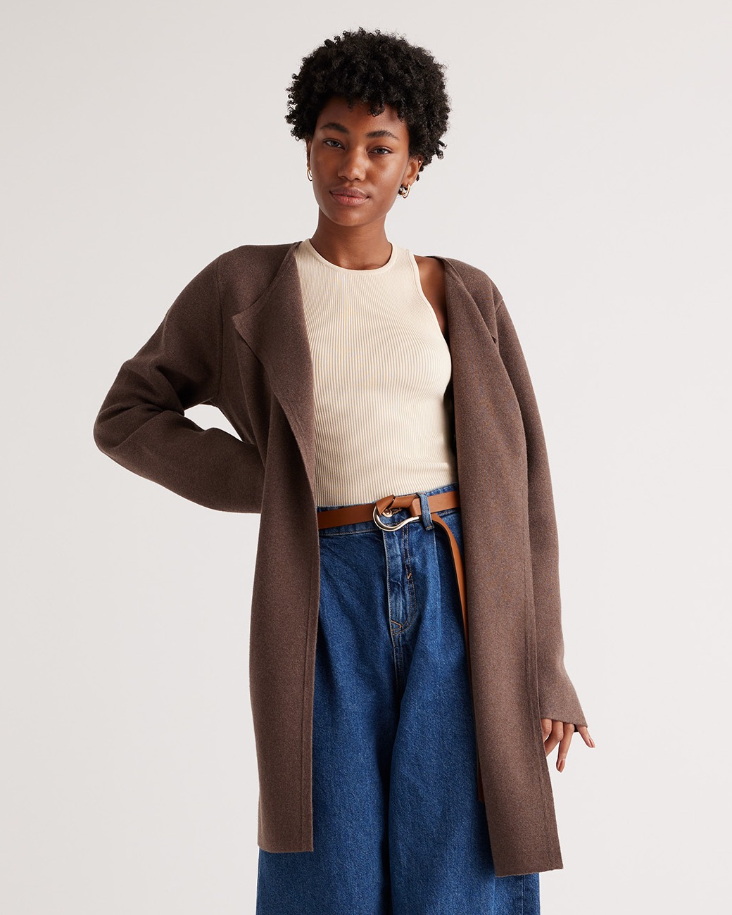 Quince Women's Knit Collarless Coat In Heather Brown