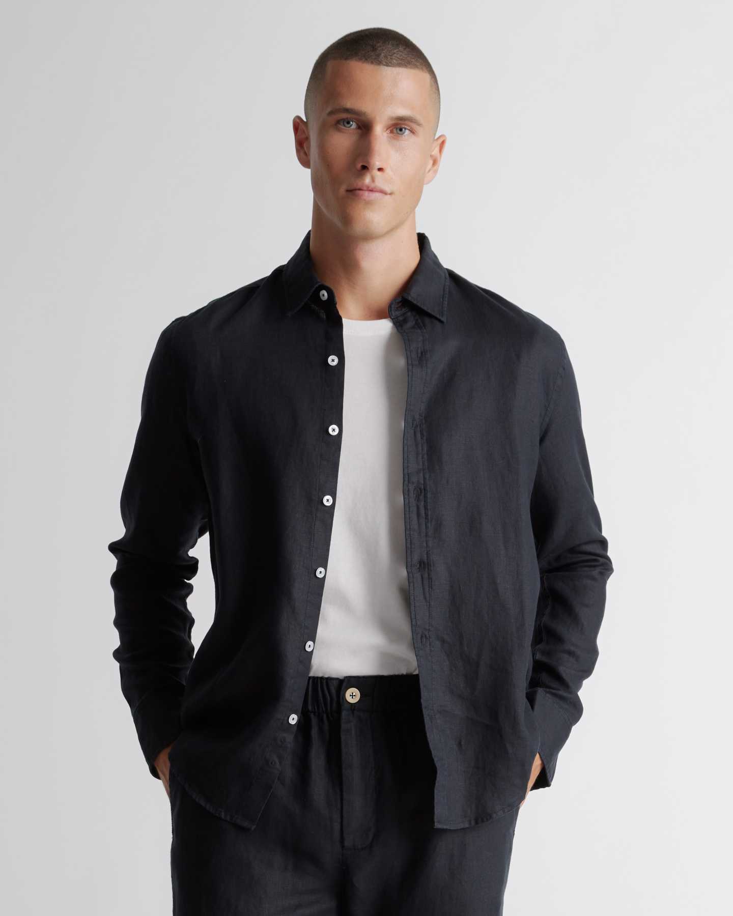 100% European Linen Long Sleeve Shirt - Black - 0