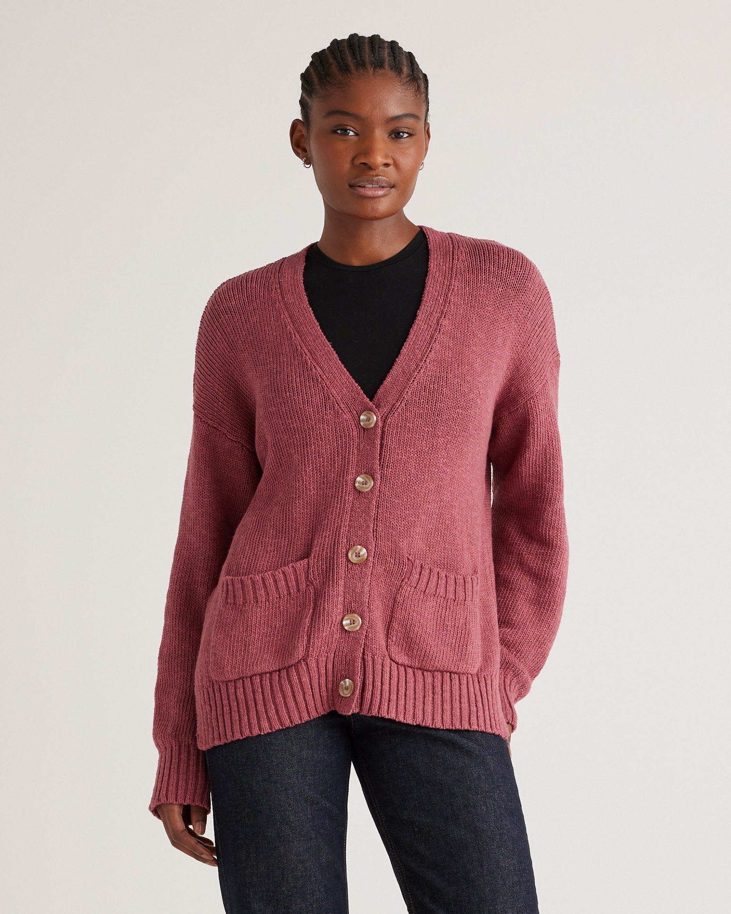 Shop Quince Women's Cotton Linen Relaxed Cardigan Sweater In Dark Mauve