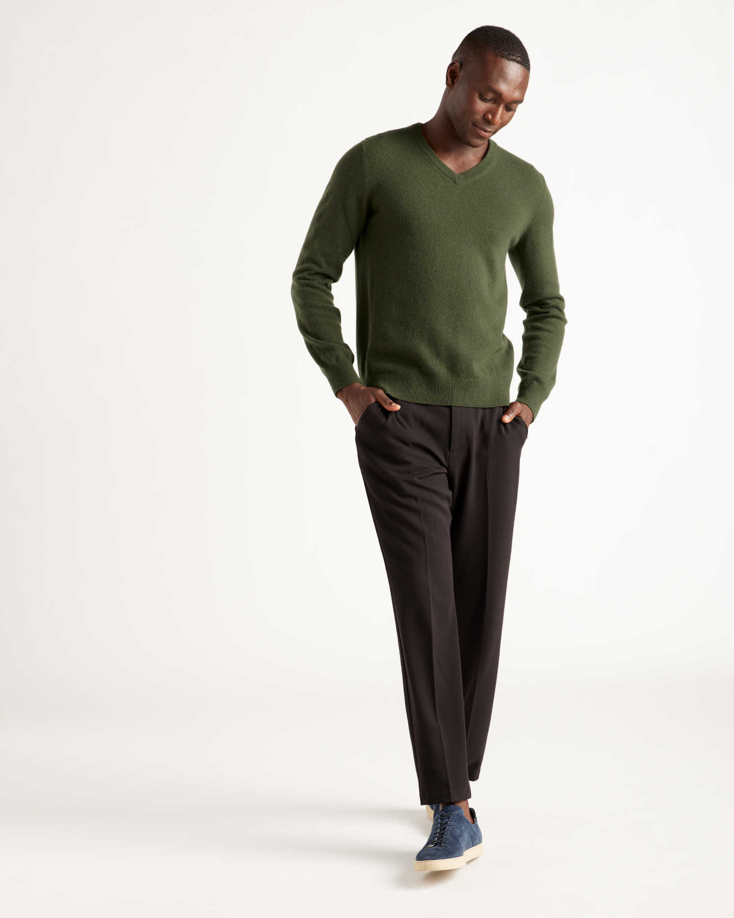Mongolian Cashmere V-Neck Sweater - Olive - 1 - Thumbnail