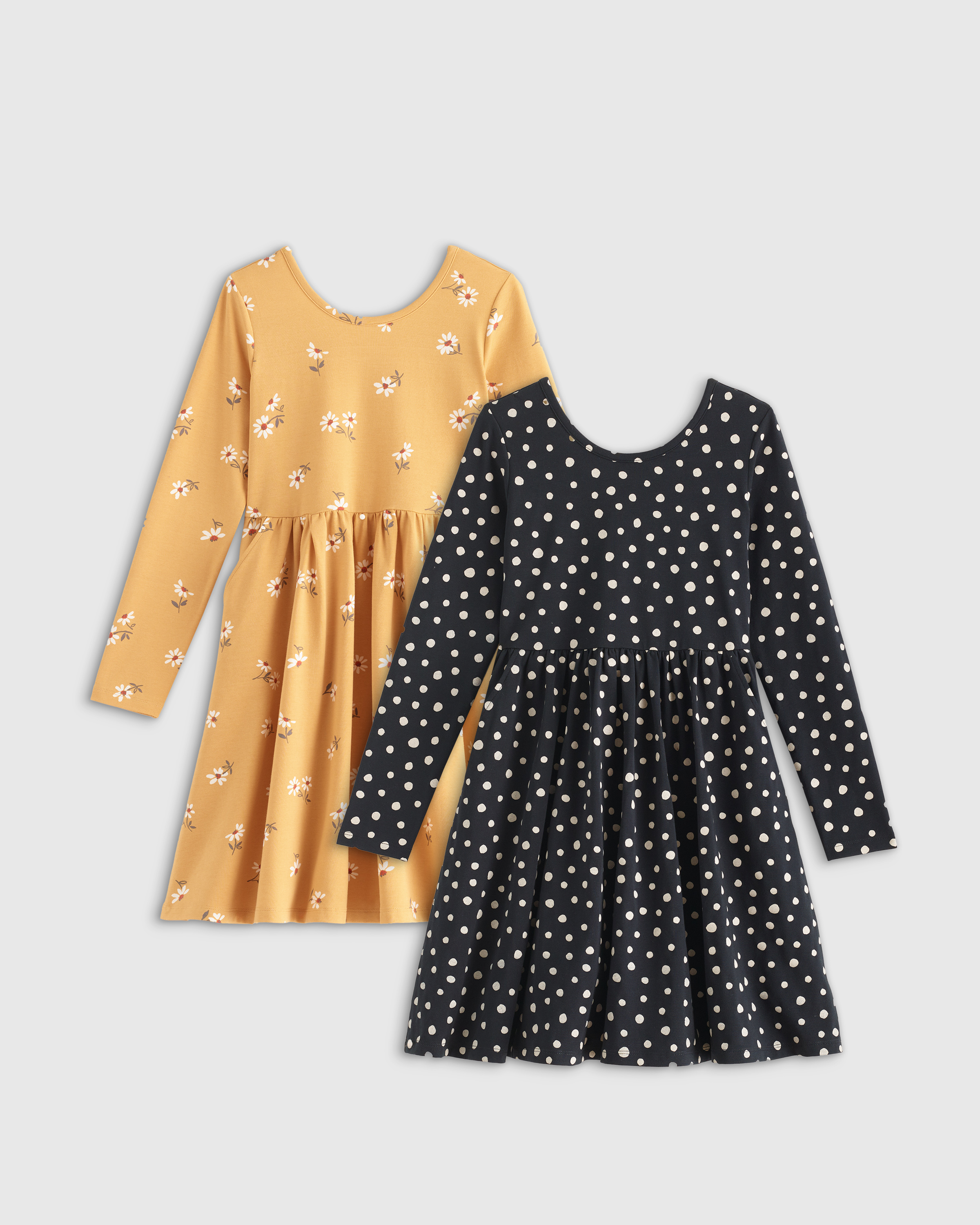 Shop Quince Long Sleeve Skater Dress 2-pack In Golden Daisy/black Dot