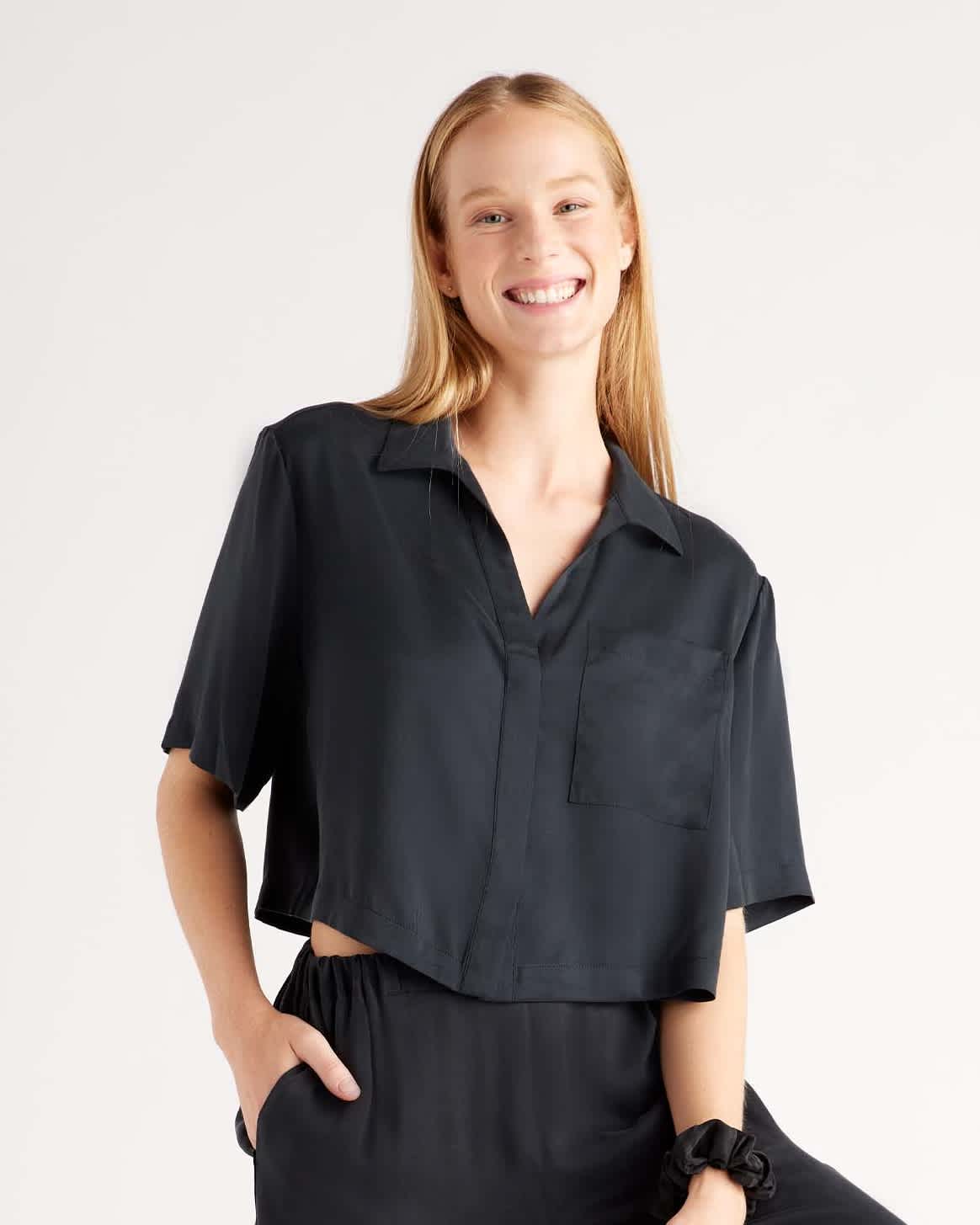 100% Washable Silk Pajama Button Up Top - Black