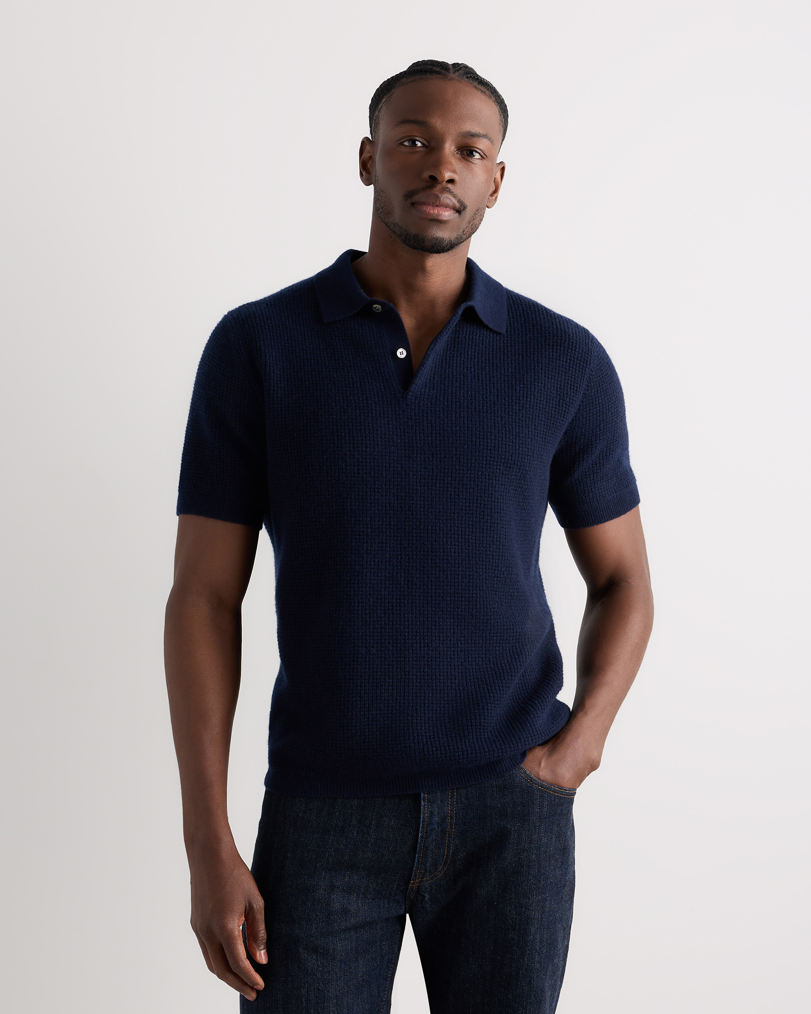 【SLOANE/スローン】 POLO KNIT ネイビー Men's Mongolian Cashmere Waffle Short Sleeve Polo Sweater