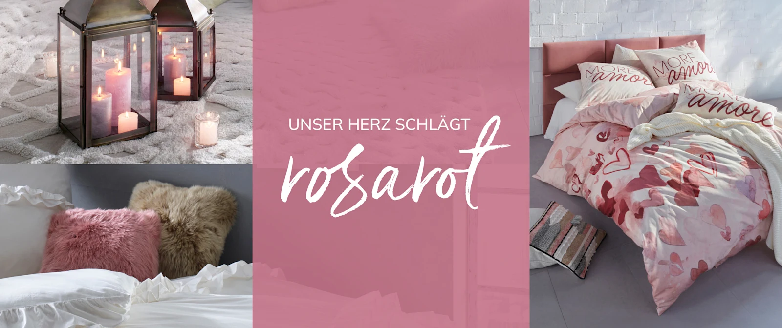 Das Bild zeigt ein Inspirationsmoodboard zum Thema 'Unser Herz schlägt rosarot' mit einer Bettwäsche in Rosatönen. Das Bild zeigt ein Inspirationsmoodboard zum Thema 'Unser Herz schlägt rosarot' mit einer Bettwäsche in Rosatönen.