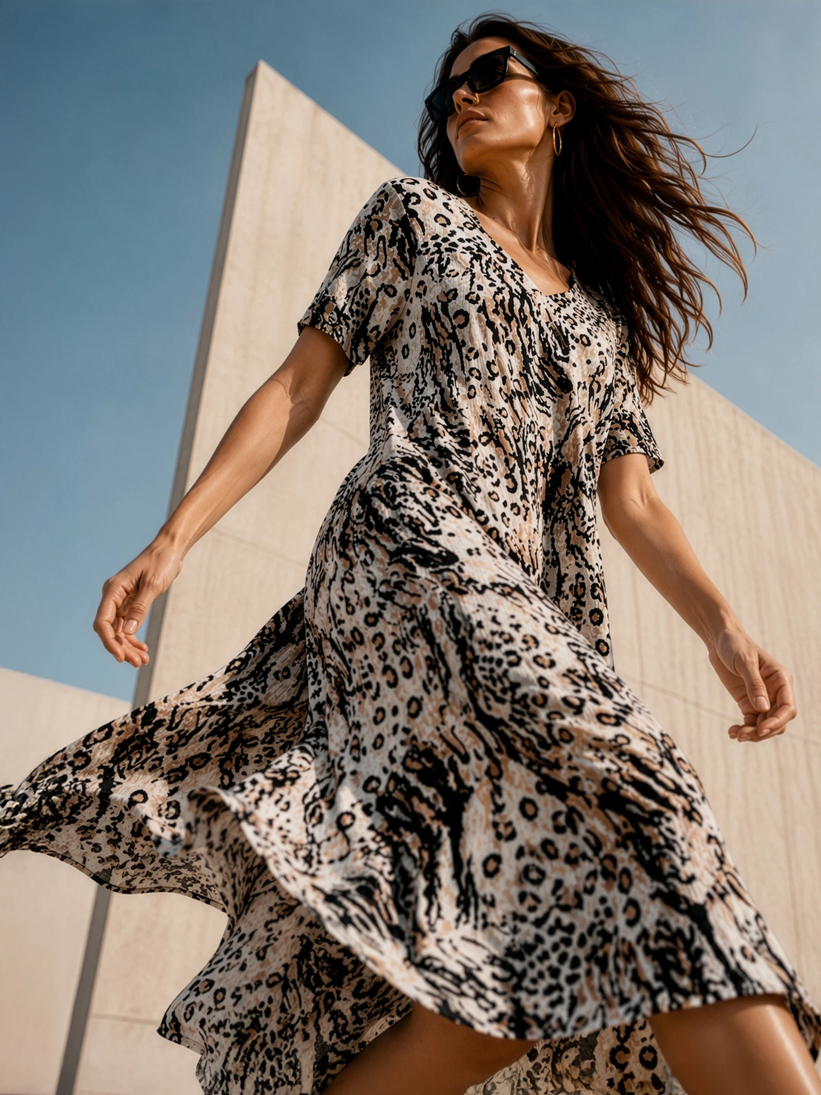 Ein Model trägt ein fließendes, kurzärmeliges Kleid mit Leopardenmuster und Sonnenbrille, posiert vor einer hellen Wand bei blauem Himmel.