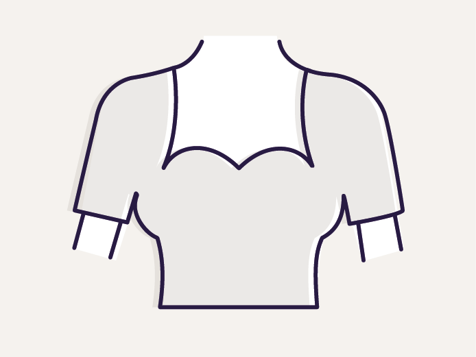 Symbole d'un haut pour femme avec une encolure en forme de cœur et des manches mi-longues sur un fond beige.