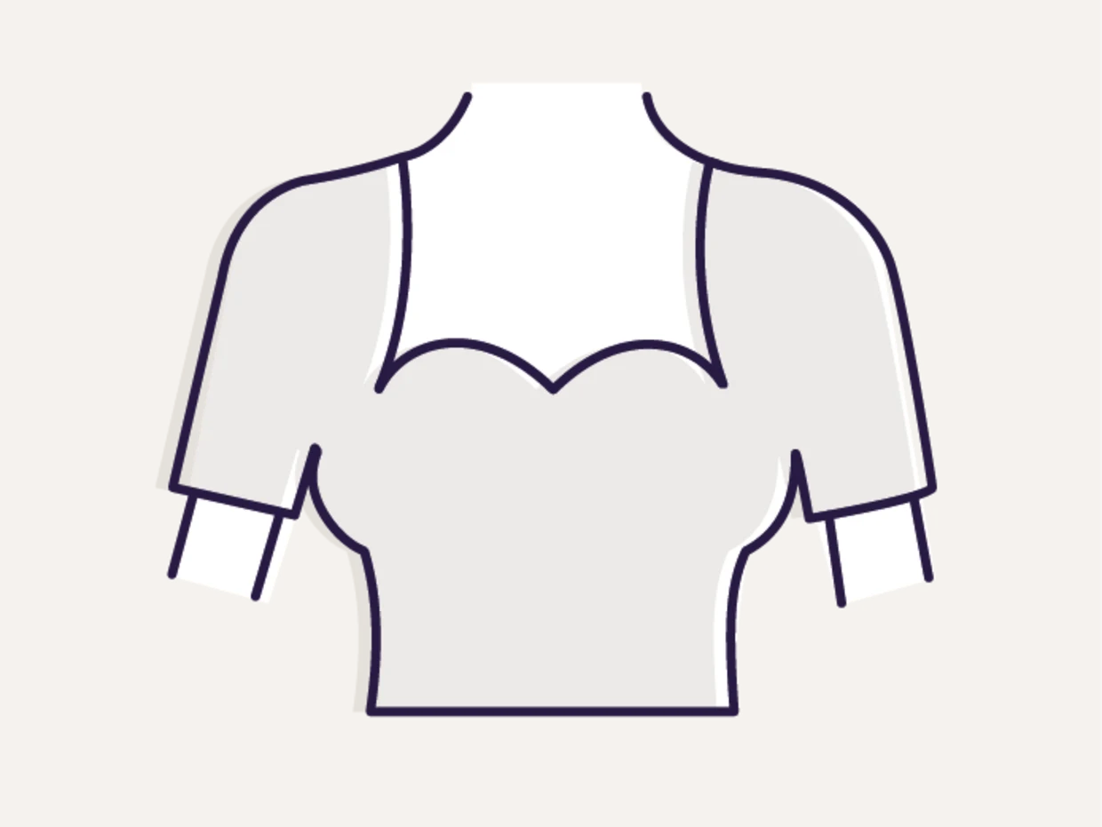 Symbole d'un haut pour femme avec une encolure en forme de cœur et des manches mi-longues sur un fond beige.