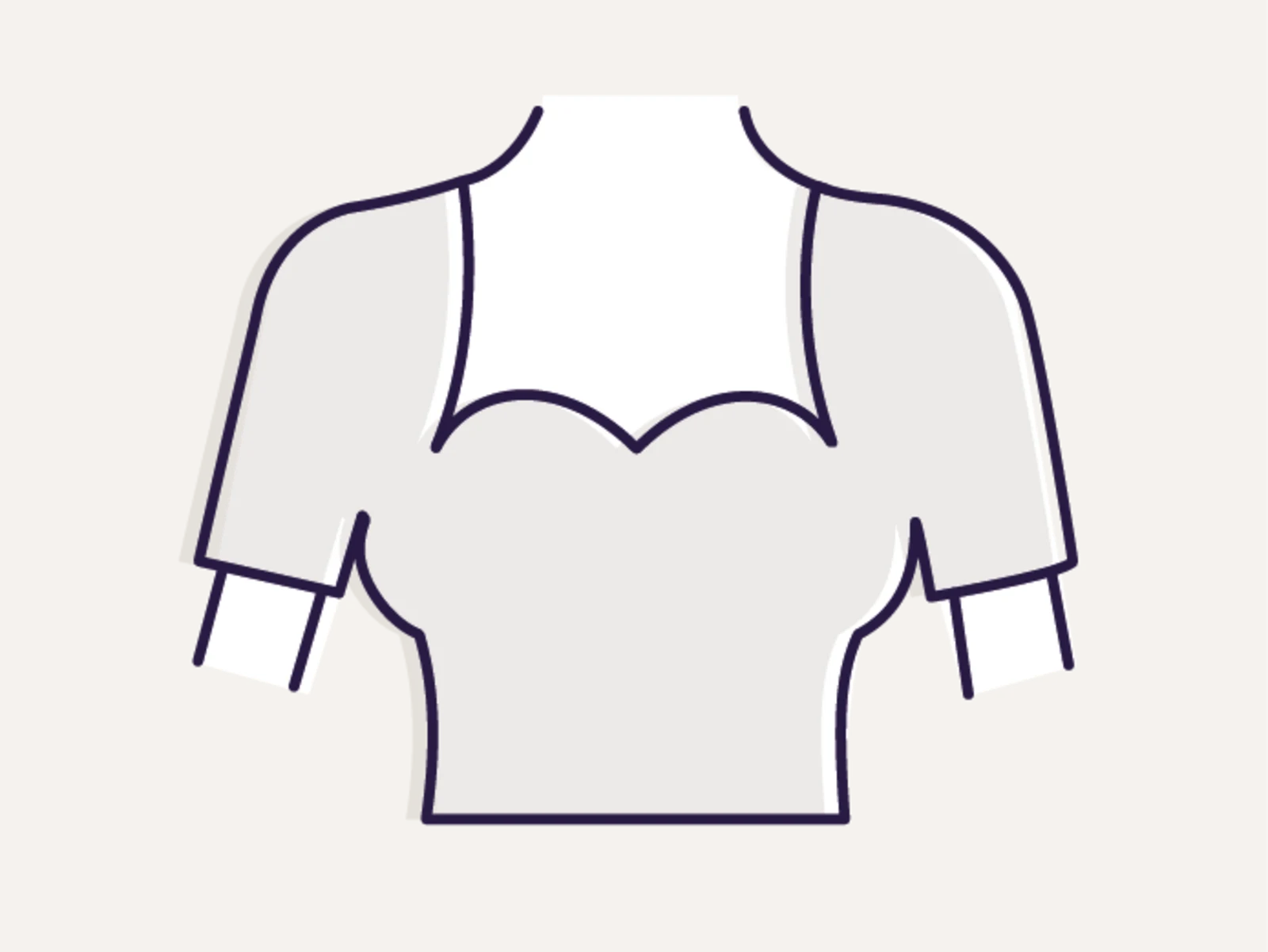 Symbole d'un haut pour femme avec une encolure en forme de cœur et des manches mi-longues sur un fond beige.