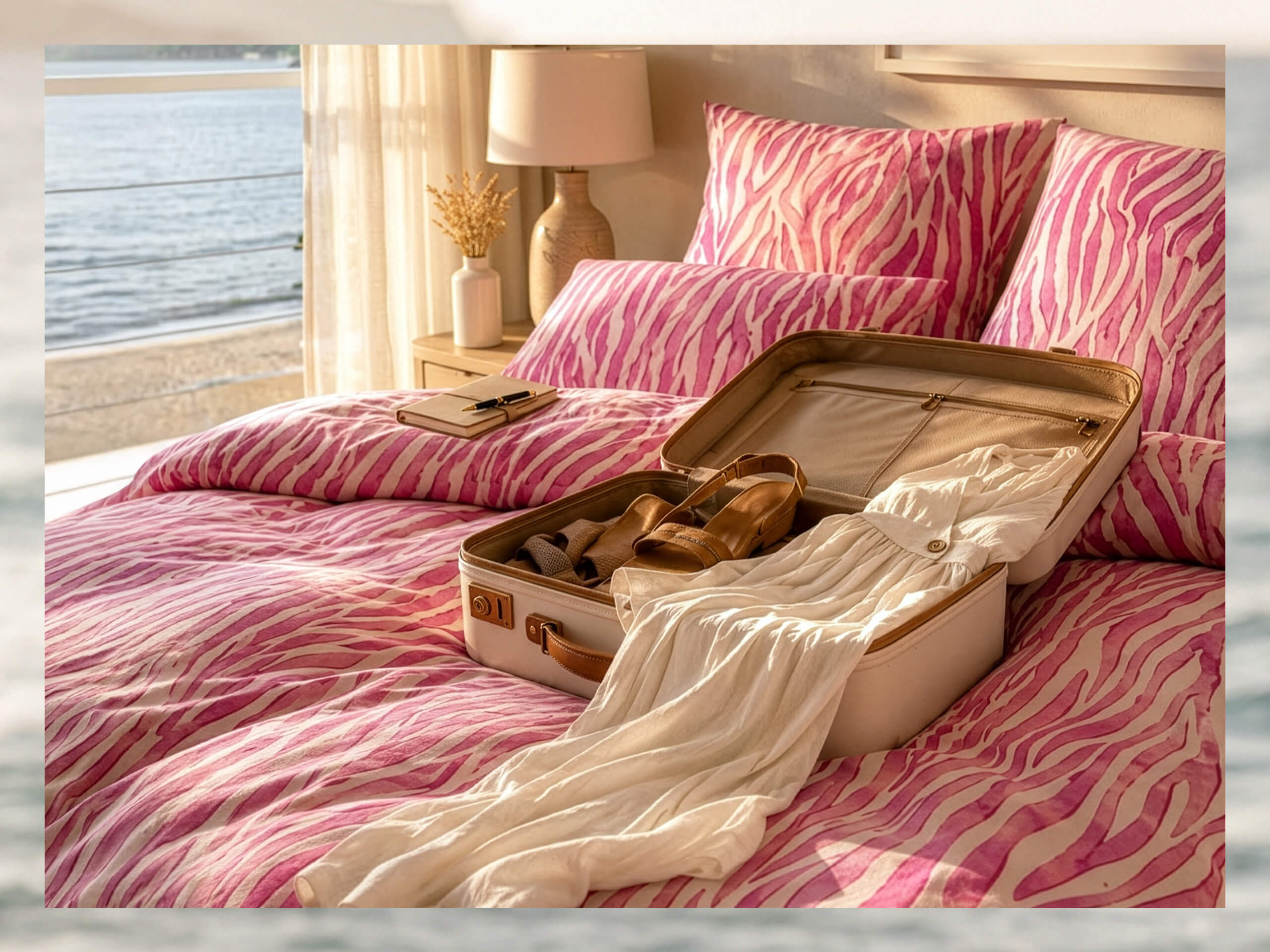 Ein offener Koffer mit Kleidung und Schuhen liegt auf einem Bett mit pink-weiß gestreifter Bettwäsche, im Hintergrund eine Lampe und ein Notizbuch.