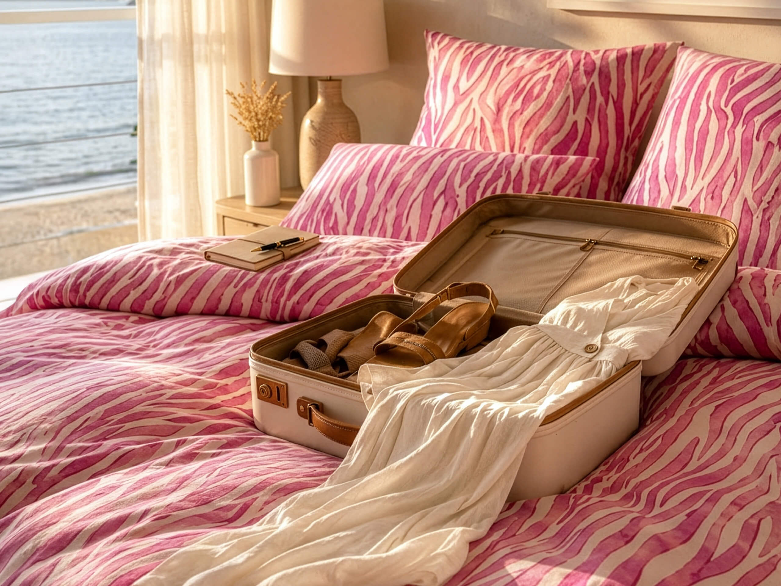 Ein offener Koffer mit Kleidung und Schuhen liegt auf einem Bett mit pink-weiß gestreifter Bettwäsche, im Hintergrund eine Lampe und ein Notizbuch.