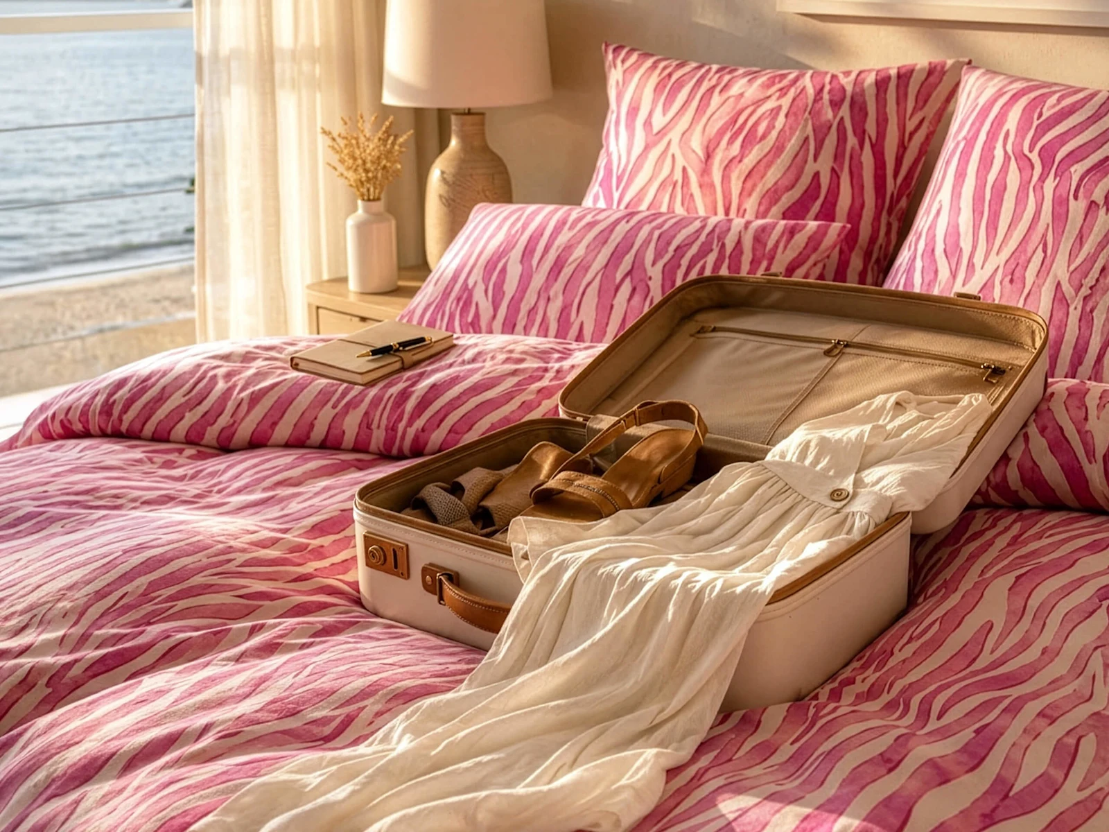 Ein offener Koffer mit Kleidung und Schuhen liegt auf einem Bett mit pink-weiß gestreifter Bettwäsche, im Hintergrund eine Lampe und ein Notizbuch.