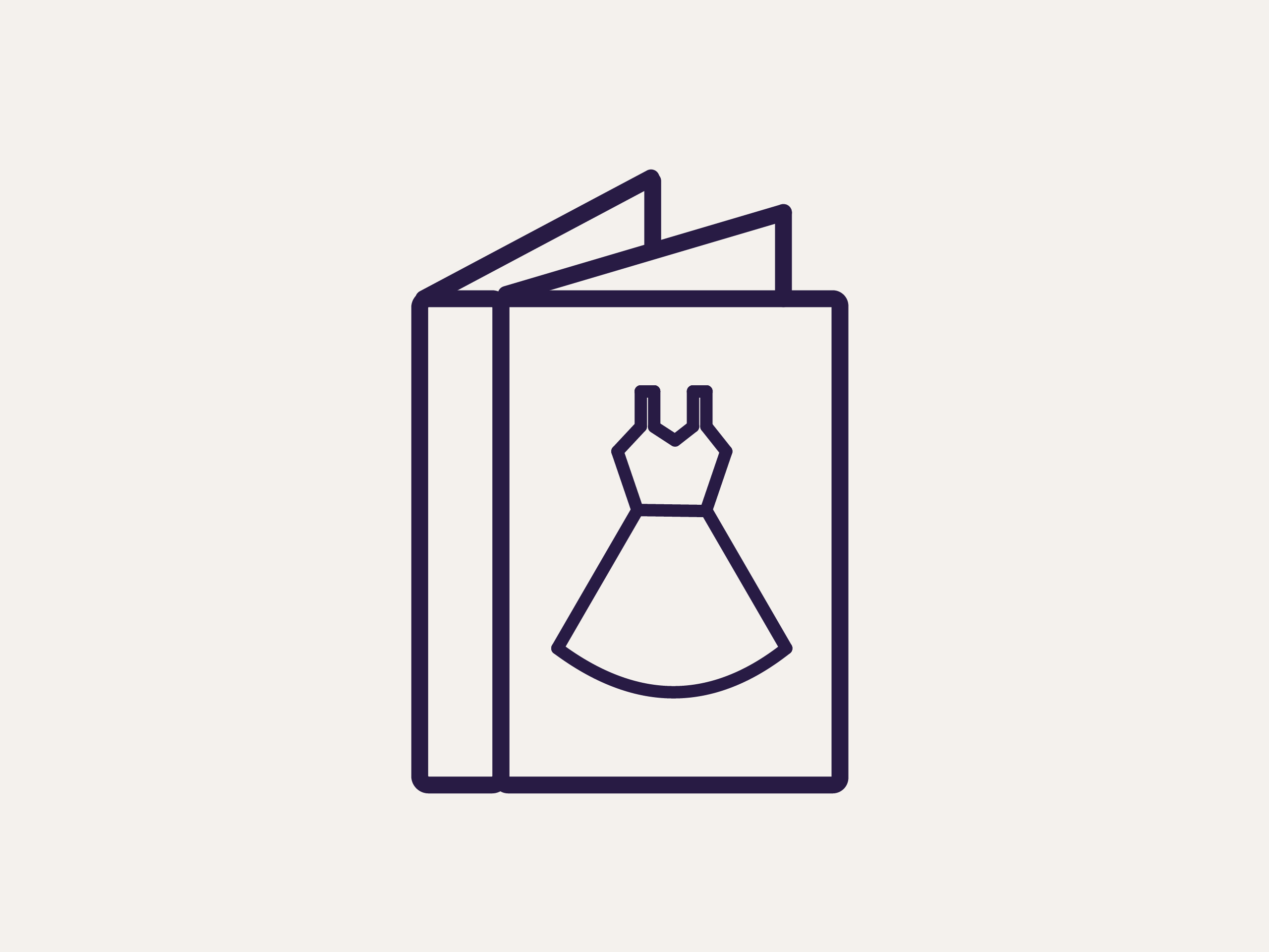 Symbol eines Katalogs mit einem Kleid auf dem Cover, lila Umrisse auf beigem Hintergrund.