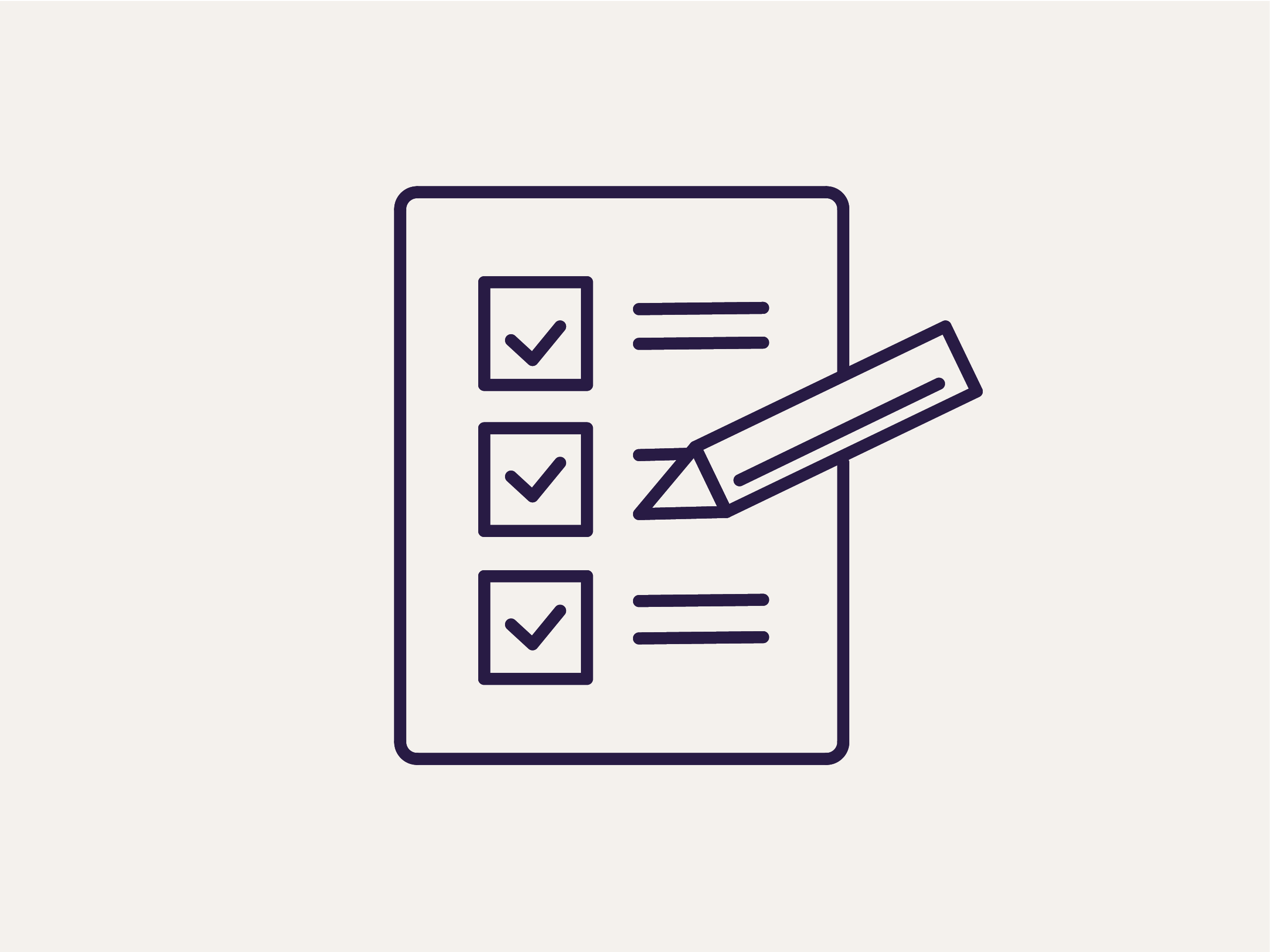Illustration einer Checkliste mit drei abgehakten Kästchen und einem Stift auf beigem Hintergrund.