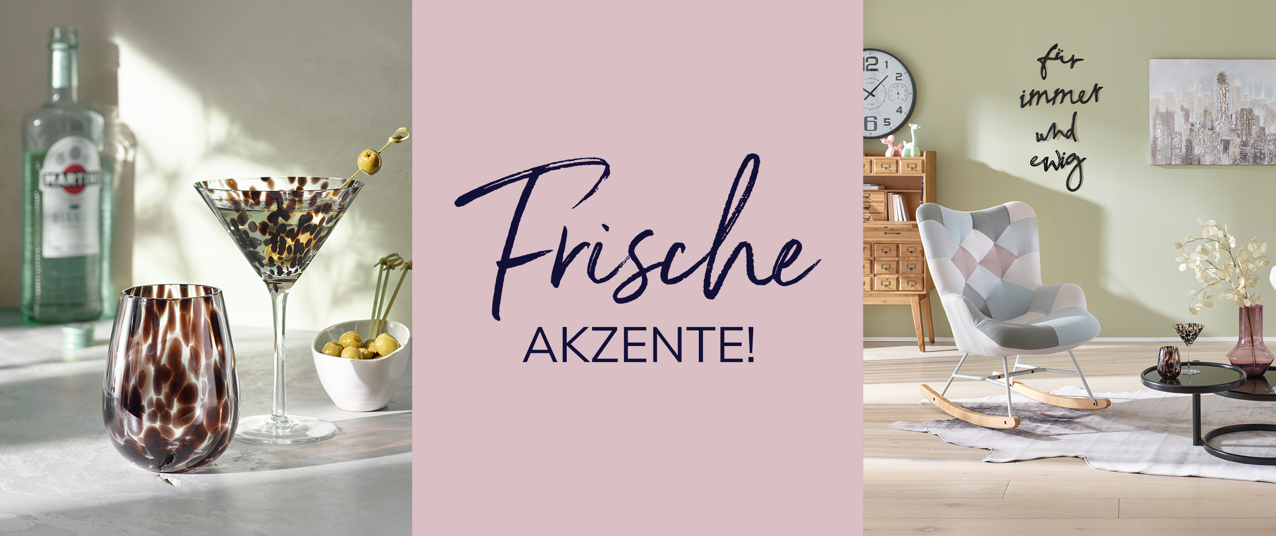 Helles Wohnzimmer mit pastellfarbenen Möbeln, Gläsern und Wanddeko. Im Bild steht der Text 'Frische Akzente!'.
