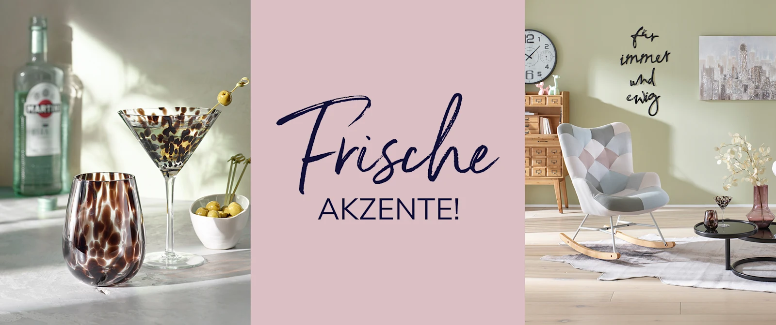 Helles Wohnzimmer mit pastellfarbenen Möbeln, Gläsern und Wanddeko. Im Bild steht der Text 'Frische Akzente!'. Helles Wohnzimmer mit pastellfarbenen Möbeln, Gläsern und Wanddeko. Im Bild steht der Text 'Frische Akzente!'.