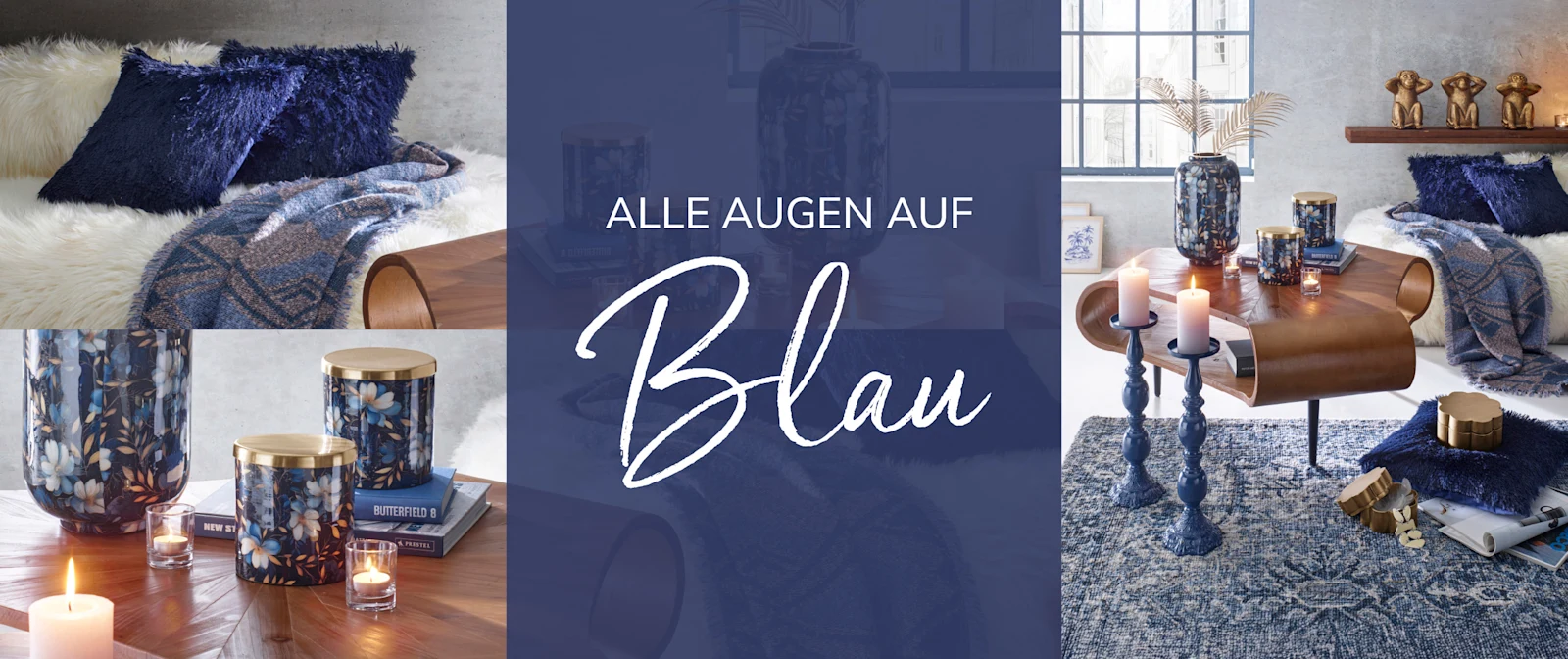 Das Bild zeigt ein Inspirationsmoodboard zum Thema 'Alle Augen auf Blau' mit verschiedenen Wohnwelten in blautönen. Das Bild zeigt ein Inspirationsmoodboard zum Thema 'Alle Augen auf Blau' mit verschiedenen Wohnwelten in blautönen.