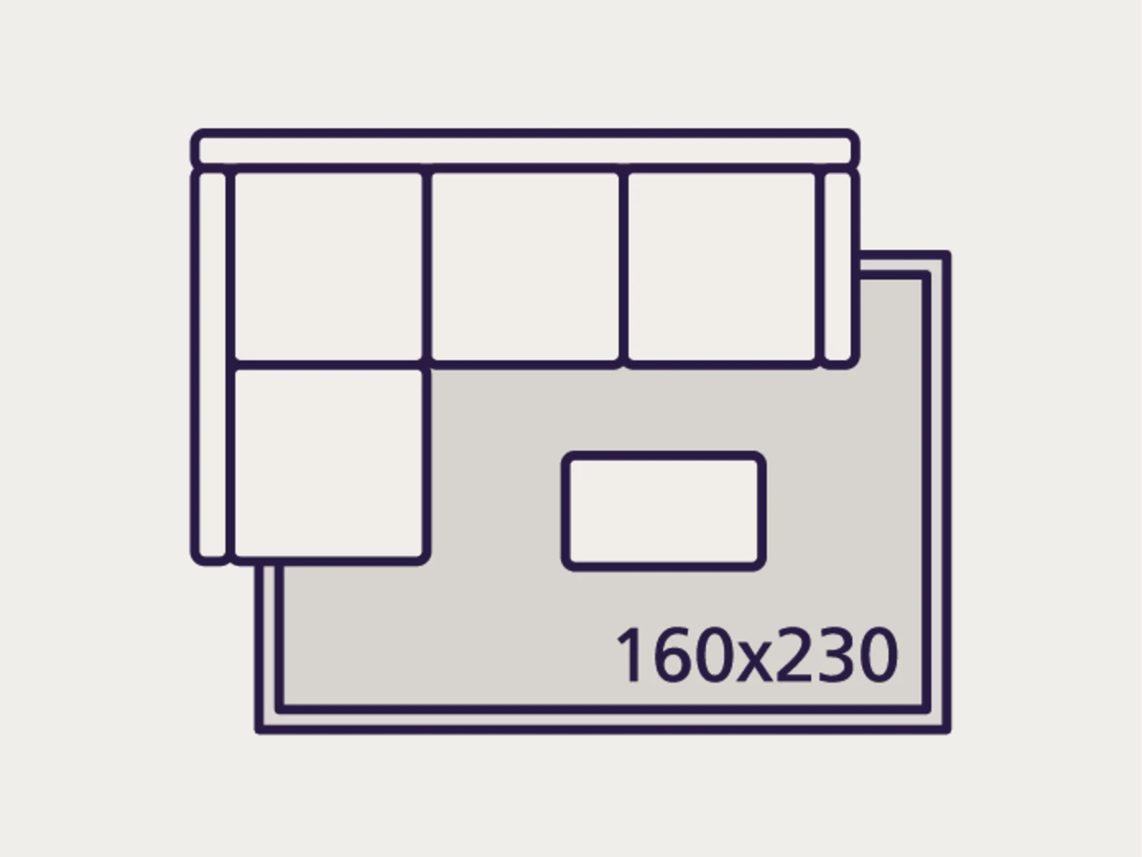 Skizze einer Raumaufteilung mit Sofa, Teppich der Größe 160x230 und einem rechteckigen Tisch. Skizze einer Raumaufteilung mit Sofa, Teppich der Größe 160x230 und einem rechteckigen Tisch.