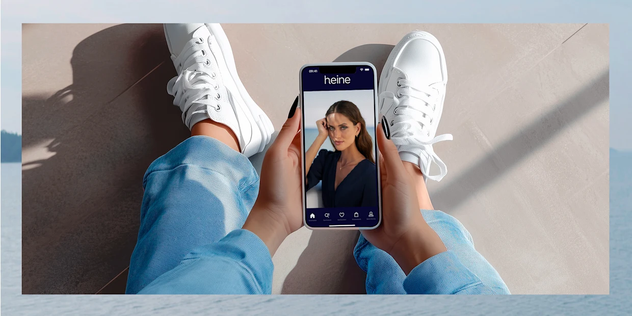 Ein Model sitzt mit weißen Sneakern und blauen Jeans, hält ein Smartphone mit heine-App, die ein Model zeigt. Ein Model sitzt mit weißen Sneakern und blauen Jeans, hält ein Smartphone mit heine-App, die ein Model zeigt.