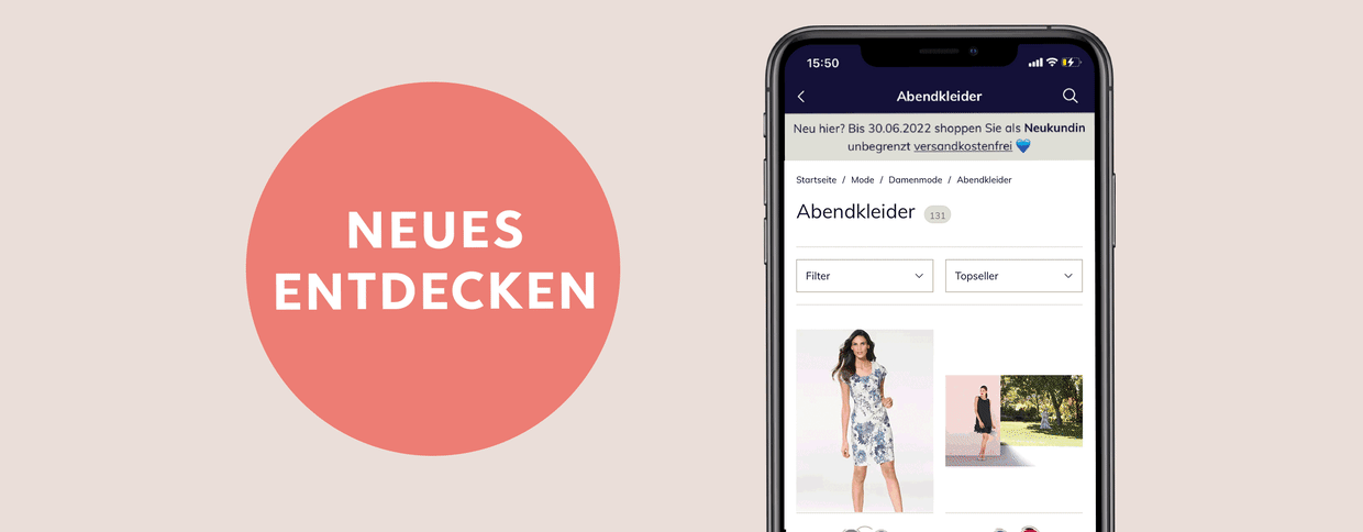 Smartphone mit geöffneter Online-Shop-Seite für Abendkleider, daneben ein roter Kreis mit weisser Schrift `Neues entdecken´. Smartphone mit geöffneter Online-Shop-Seite für Abendkleider, daneben ein roter Kreis mit weisser Schrift `Neues entdecken´.