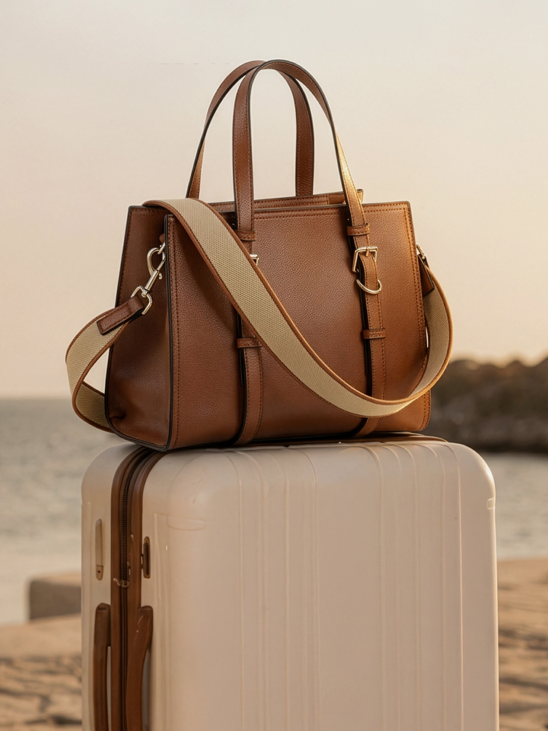 Eine braune Tasche steht auf einem Koffer.