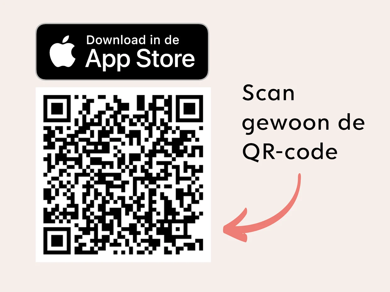 Pictogram met QR-code voor het downloaden van een app uit de Apple App Store met tekst 'Scan QR-code'.