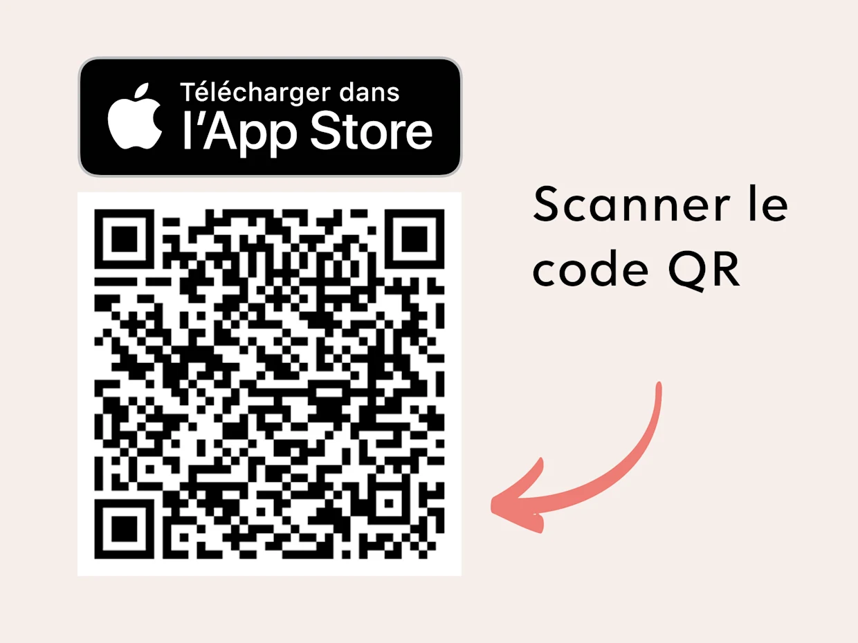 Icône avec code QR pour télécharger une application depuis l'App Store d'Apple avec le texte 'Scanner le code QR'.