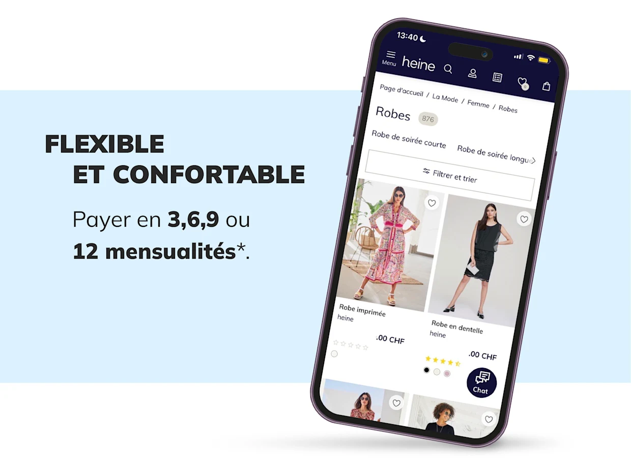 Smartphone affichant une page de shopping en ligne pour des robes sur le site Heine, avec texte promotionnel `Flexibel & Bequem´ et options de paiement en 3, 6, 9 ou 12 mensualités. Smartphone affichant une page de shopping en ligne pour des robes sur le site Heine, avec texte promotionnel `Flexibel & Bequem´ et options de paiement en 3, 6, 9 ou 12 mensualités.