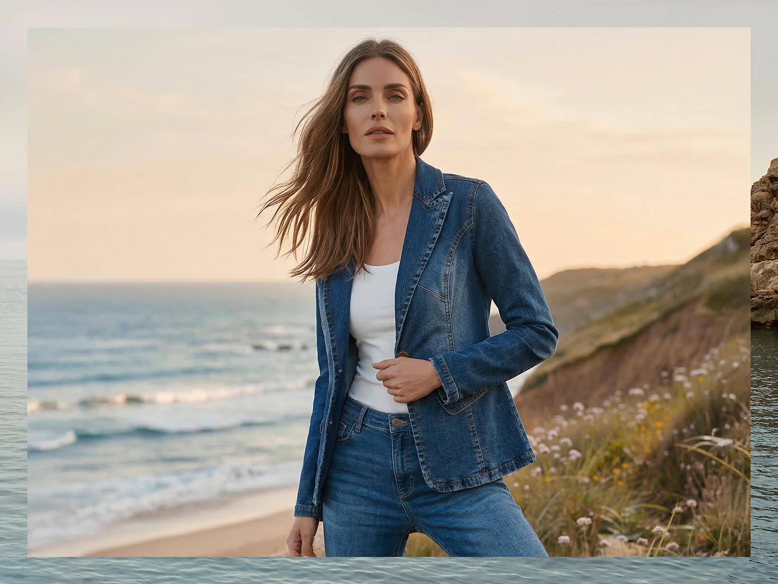 Model trägt einen Jeansblazer und steht an einer Küste.