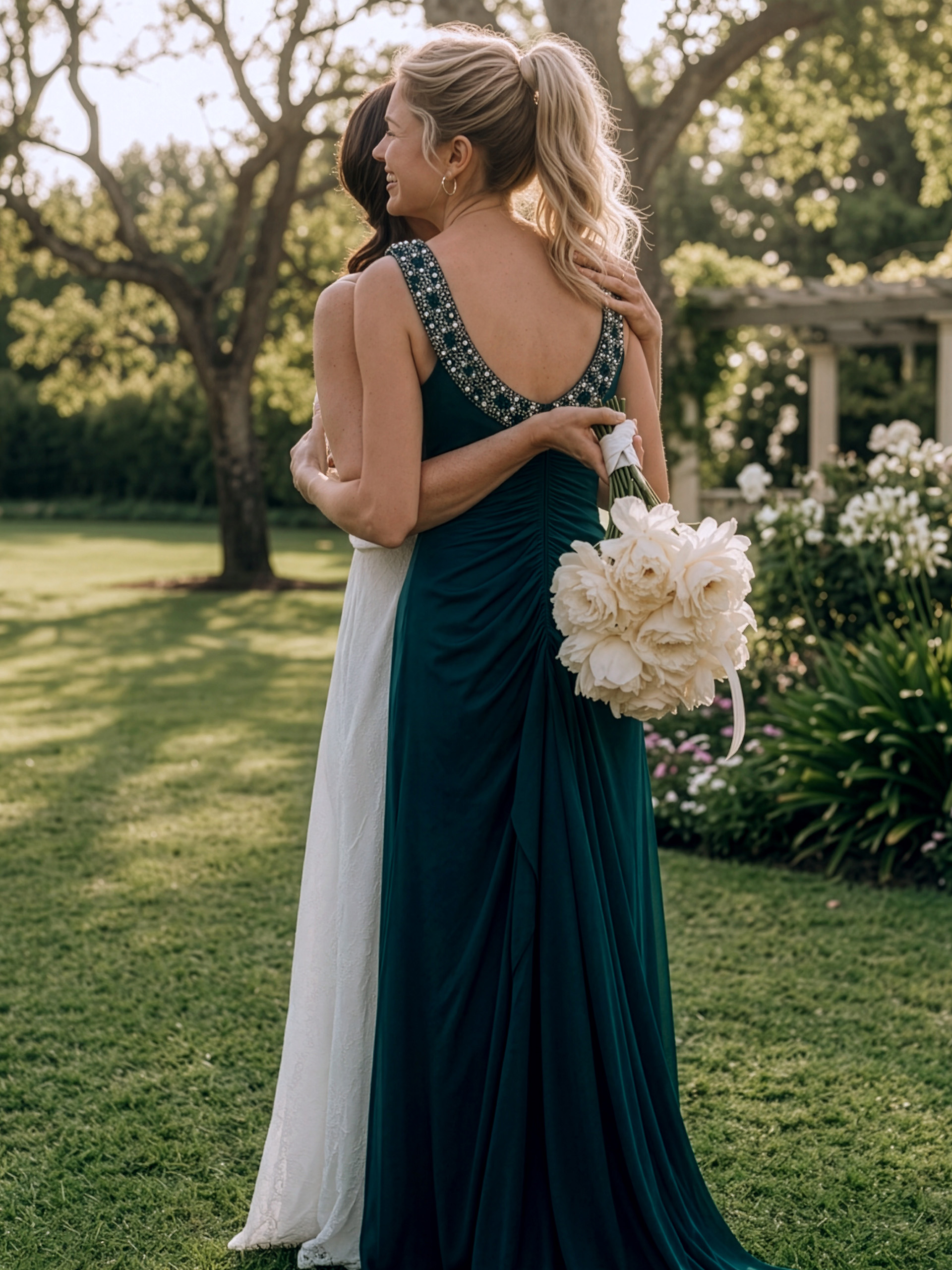 Deux femmes s'embrassent dans le jardin, l'une porte une robe blanche, l'autre une robe vert foncé avec un décolleté orné dans le dos et tient un bouquet de fleurs blanches.
