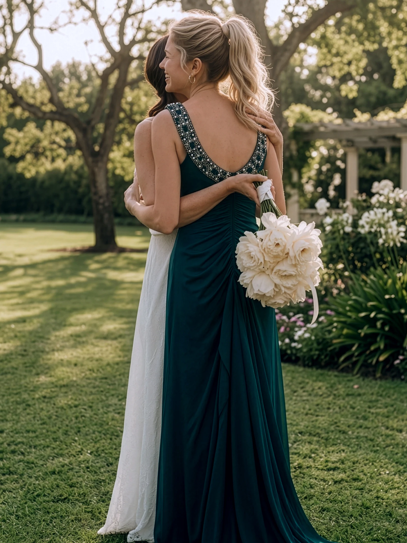 Deux femmes s'embrassent dans le jardin, l'une porte une robe blanche, l'autre une robe vert foncé avec un décolleté orné dans le dos et tient un bouquet de fleurs blanches.