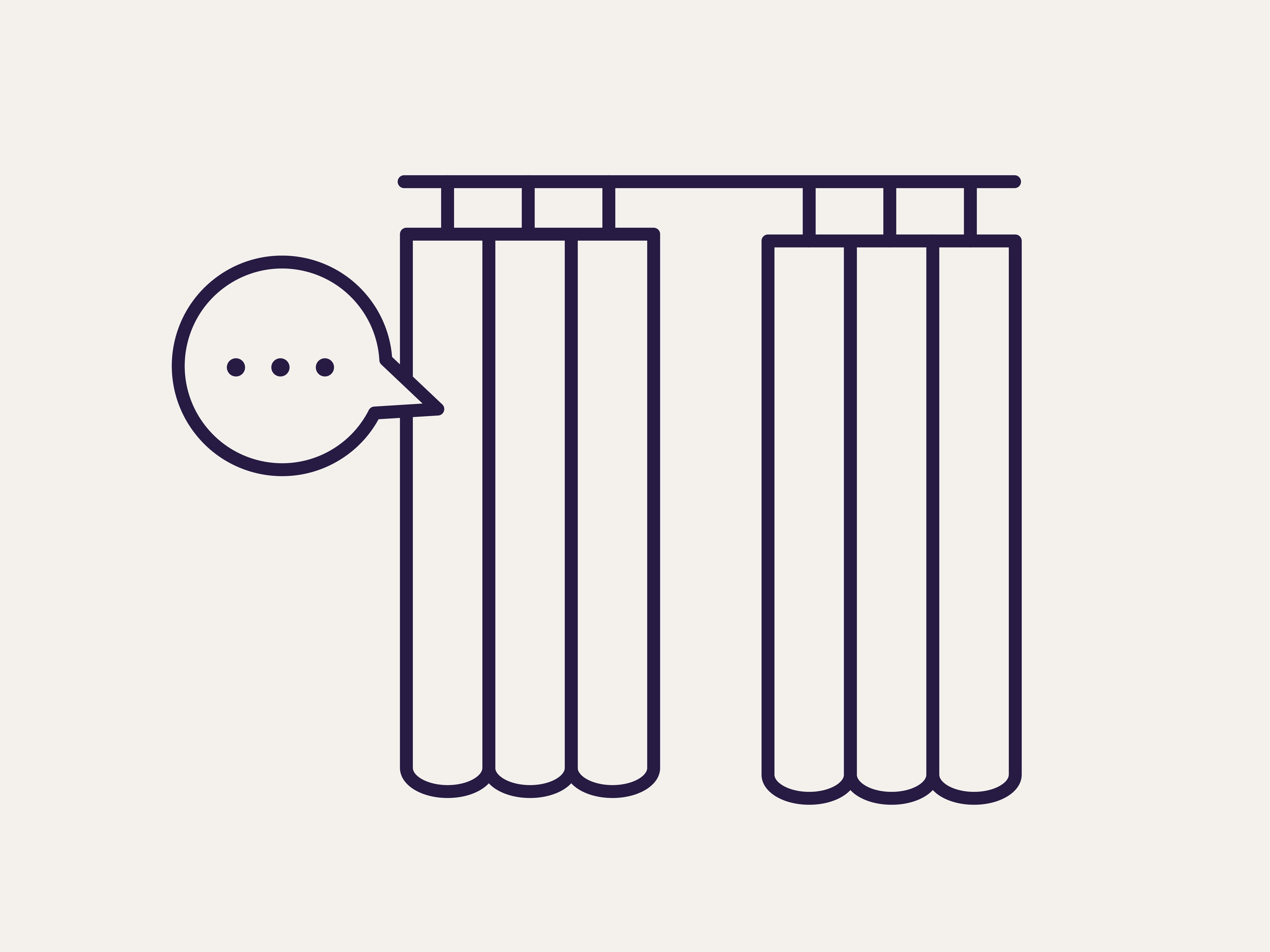 Minimalistisch pictogram van gordijnen met een tekstballon.