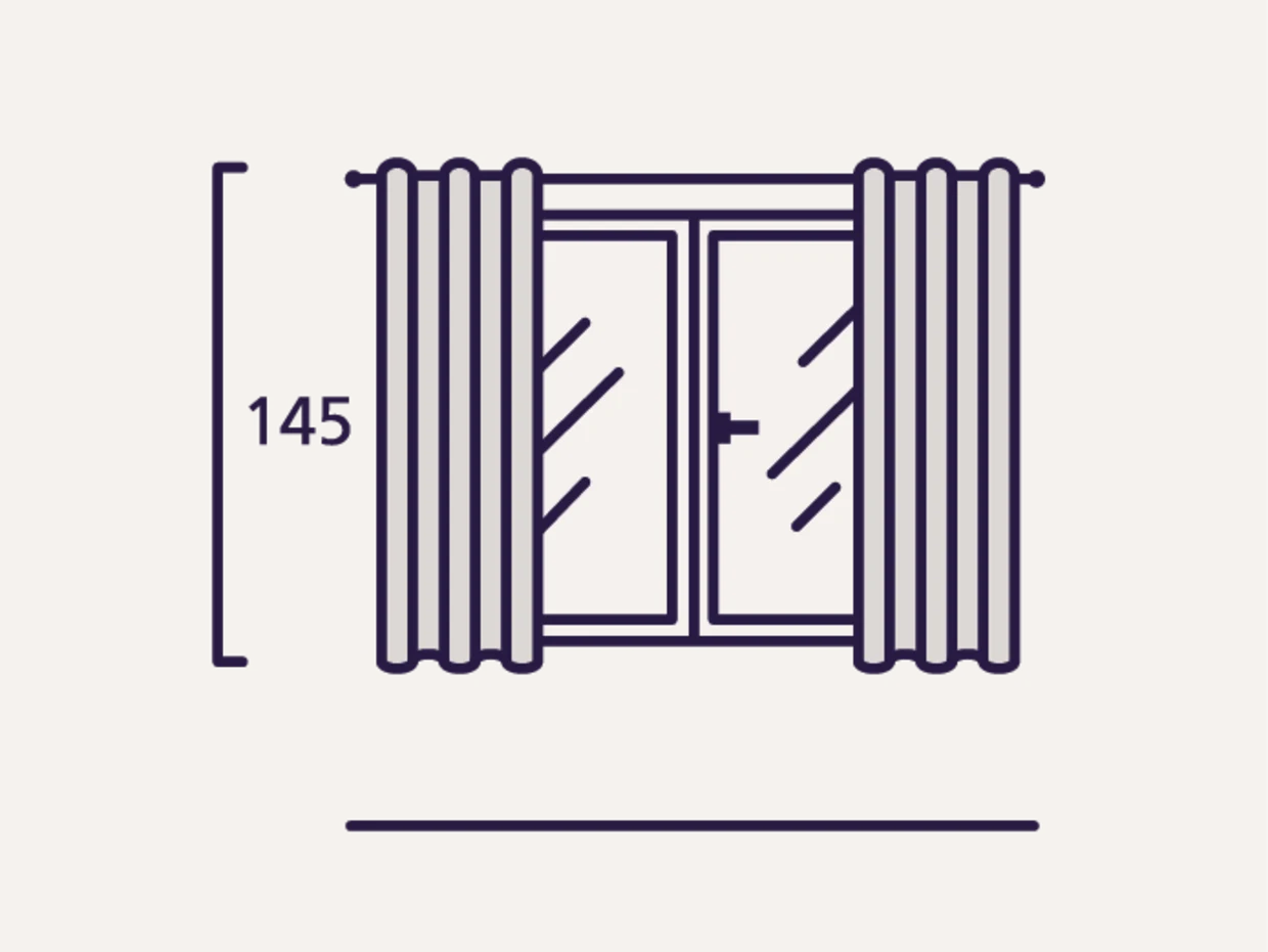 Het symbool toont een raam met twee vleugels, omlijst door gordijnen aan beide zijden. Links van het raam is een verticale lijn met het getal "145", dat de hoogte in centimeters aangeeft. Het symbool toont een raam met twee vleugels, omlijst door gordijnen aan beide zijden. Links van het raam is een verticale lijn met het getal "145", dat de hoogte in centimeters aangeeft.