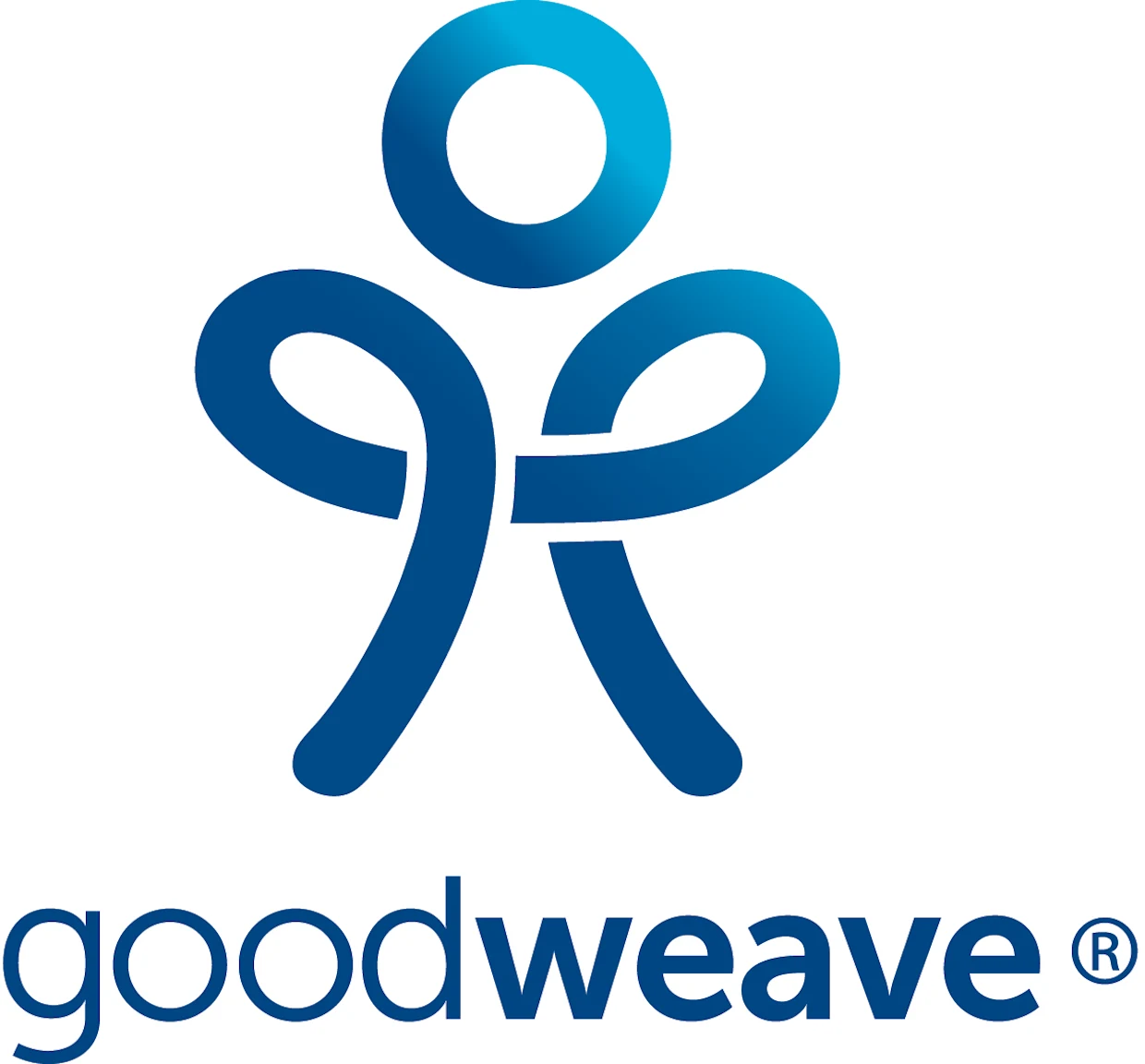 Logo von GoodWeave in Blau mit abstrakter menschlicher Figur und Schriftzug "goodweave". Logo von GoodWeave in Blau mit abstrakter menschlicher Figur und Schriftzug "goodweave".