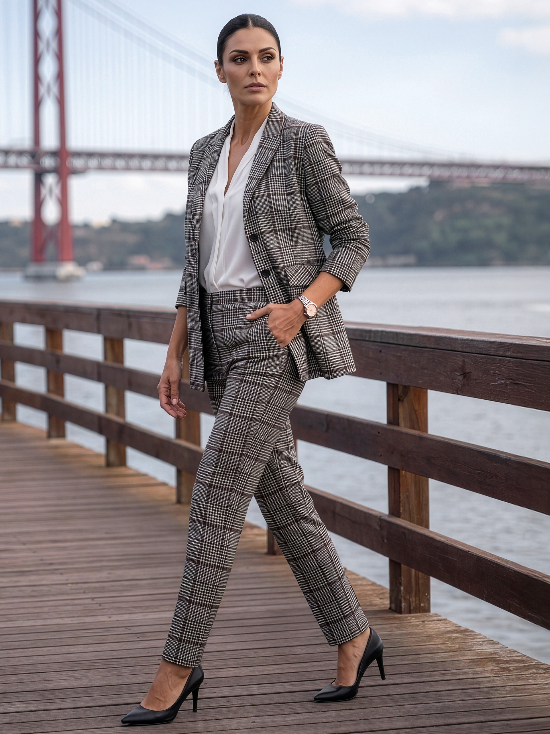 Een model in een geruit broekpak, witte blouse en zwarte pumps loopt op een steiger aan het water.