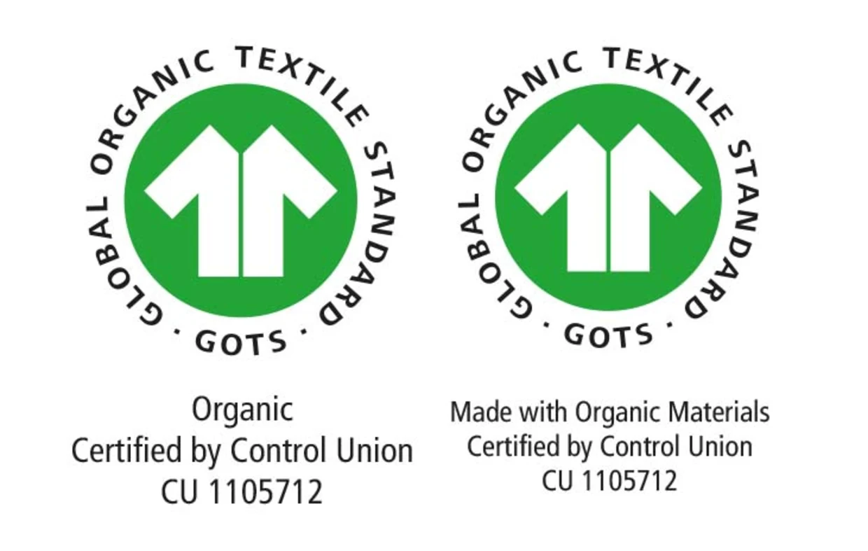 Zwei grüne GOTS-Siegel mit weissem T-Shirt-Symbol, Text `Global Organic Textile Standard´, Zertifizierung durch Control Union, Nummer CU 1105712. Zwei grüne GOTS-Siegel mit weissem T-Shirt-Symbol, Text `Global Organic Textile Standard´, Zertifizierung durch Control Union, Nummer CU 1105712.