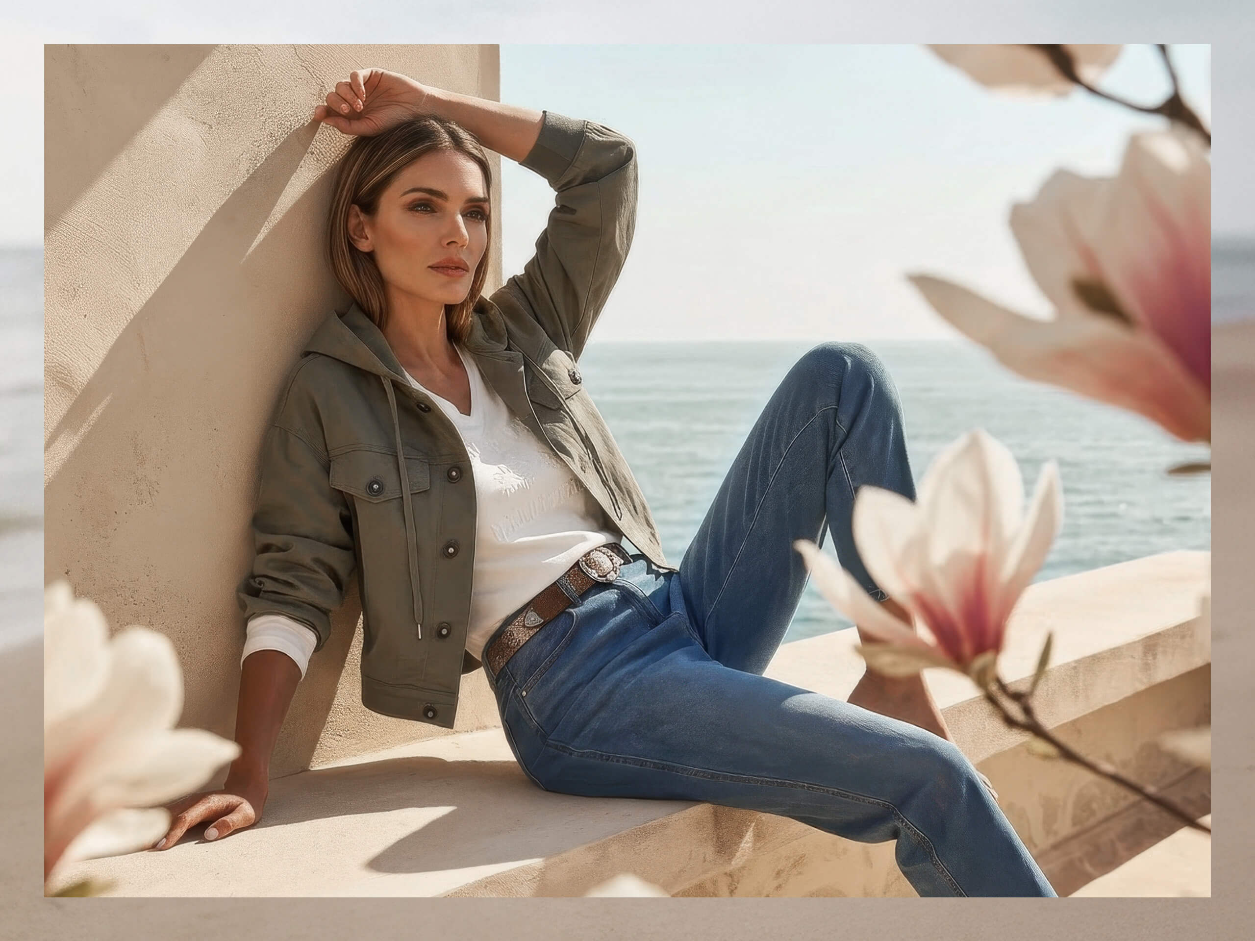 Ein Model lehnt entspannt an einer Mauer, trägt eine grüne Jacke, weiße Bluse und blaue Jeans, im Hintergrund ist das Meer zu sehen.