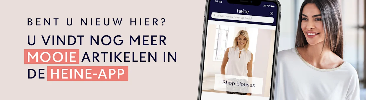 Een advertentie met een beige achtergrond. Met de tekst `NIEUW HIER? YOU CAN FIND EVEN MORE BEAUTIFUL THINGS IN THE HEINE APP' De achtergrond toont een smartphone met de Heine app en een model in een lichte kamer. Een advertentie met een beige achtergrond. Met de tekst `NIEUW HIER? YOU CAN FIND EVEN MORE BEAUTIFUL THINGS IN THE HEINE APP' De achtergrond toont een smartphone met de Heine app en een model in een lichte kamer.