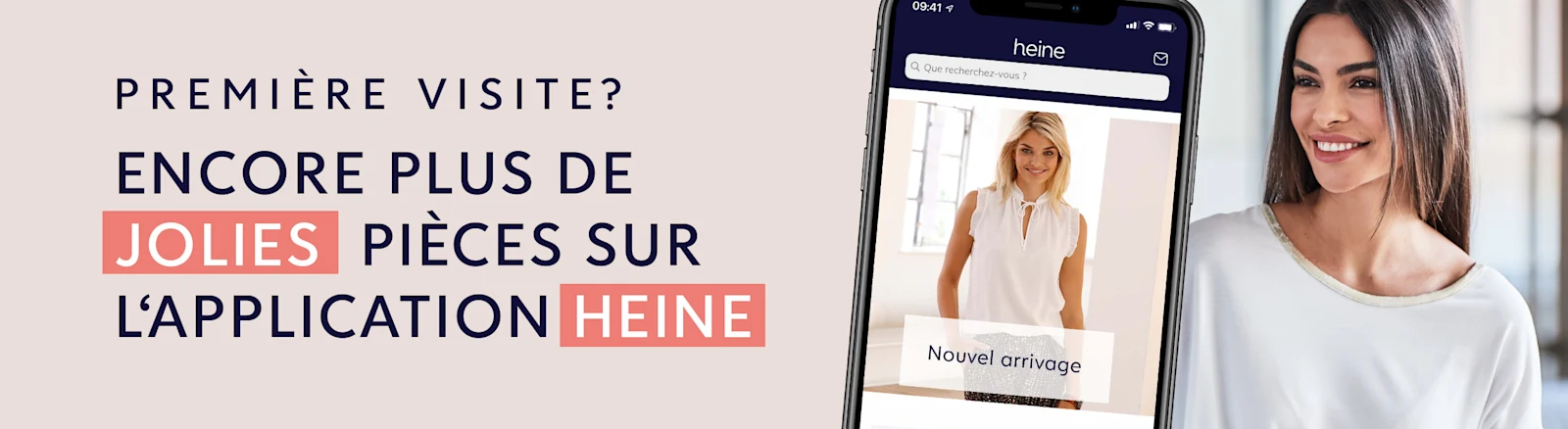 Une annonce publicitaire avec un fond beige. Avec le texte `NOUVEAU ICI ? VOUS TROUVEZ ENCORE PLUS DE BELLE CHOSE DANS L'APP HEINE' L'arrière-plan montre un smartphone avec l'application Heine et un modèle dans une pièce lumineuse. Une annonce publicitaire avec un fond beige. Avec le texte `NOUVEAU ICI ? VOUS TROUVEZ ENCORE PLUS DE BELLE CHOSE DANS L'APP HEINE' L'arrière-plan montre un smartphone avec l'application Heine et un modèle dans une pièce lumineuse.