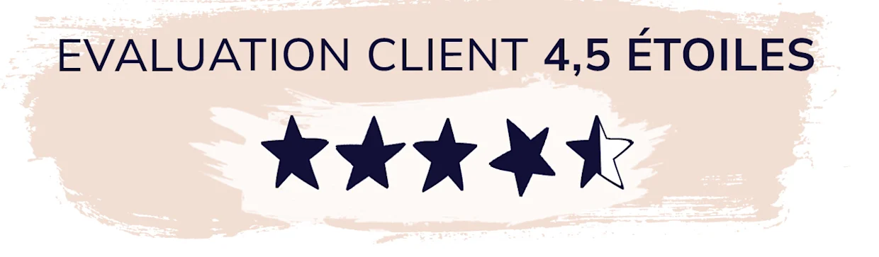 Évaluation client de 4,5 étoiles avec quatre étoiles pleines et une étoile à moitié remplie sur fond beige. Évaluation client de 4,5 étoiles avec quatre étoiles pleines et une étoile à moitié remplie sur fond beige.
