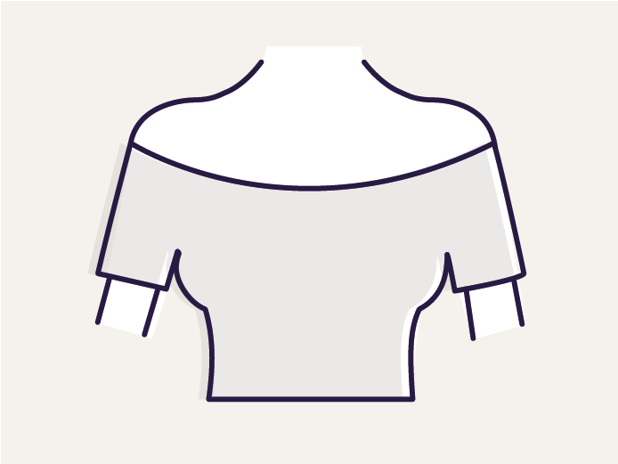 Symbole d'un haut à épaules dénudées avec des manches courtes et une encolure carmen sur fond beige.