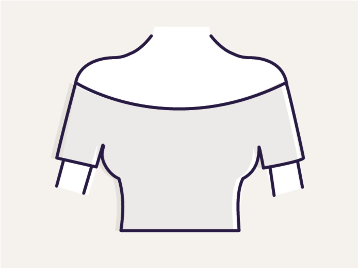 Symbole d'un haut à épaules dénudées avec des manches courtes et une encolure carmen sur fond beige.