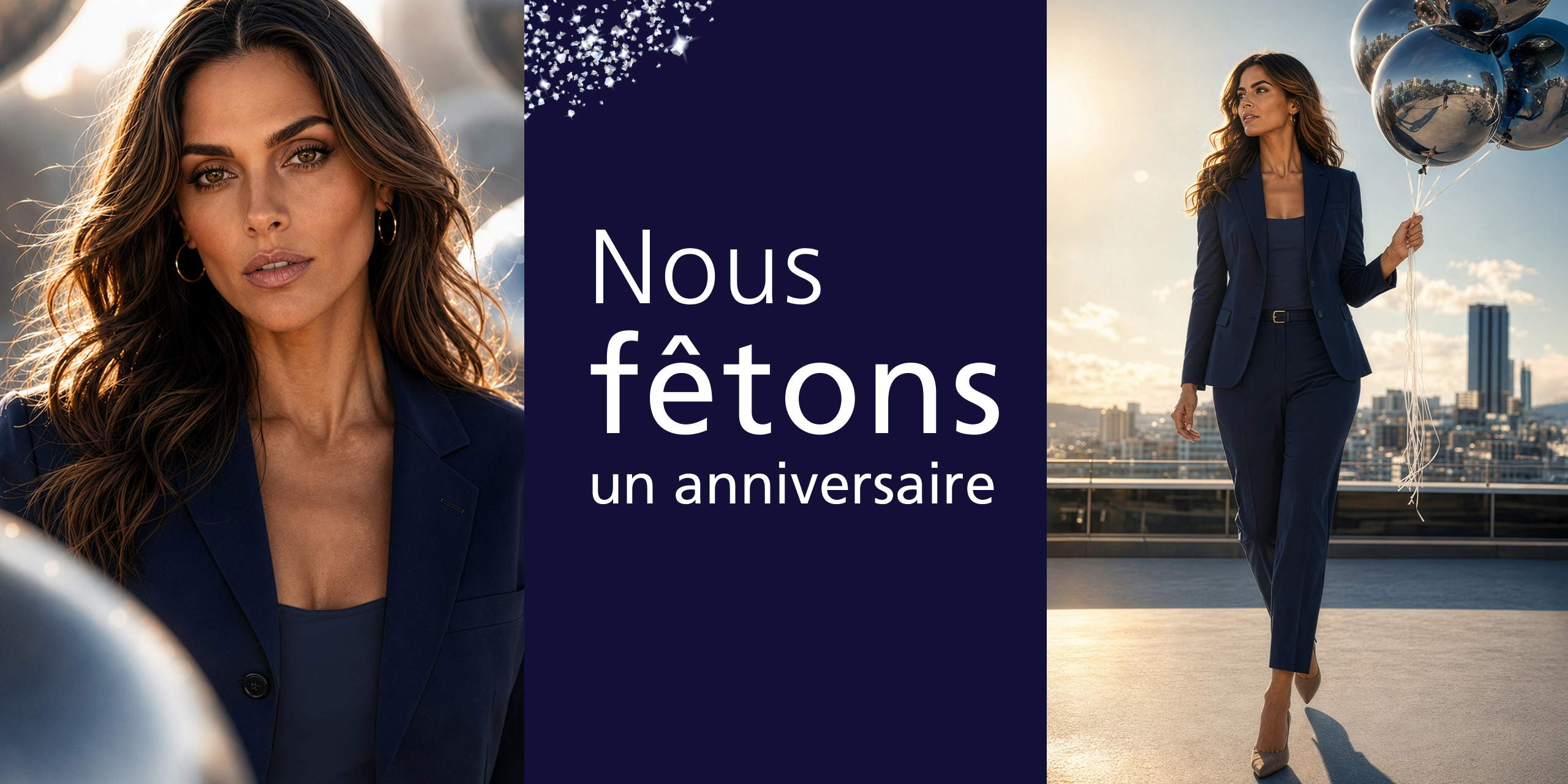 Un mannequin aux cheveux longs porte un costume bleu foncé et tient des ballons argentés. Texte : 'Nous fêtons un anniversaire'.