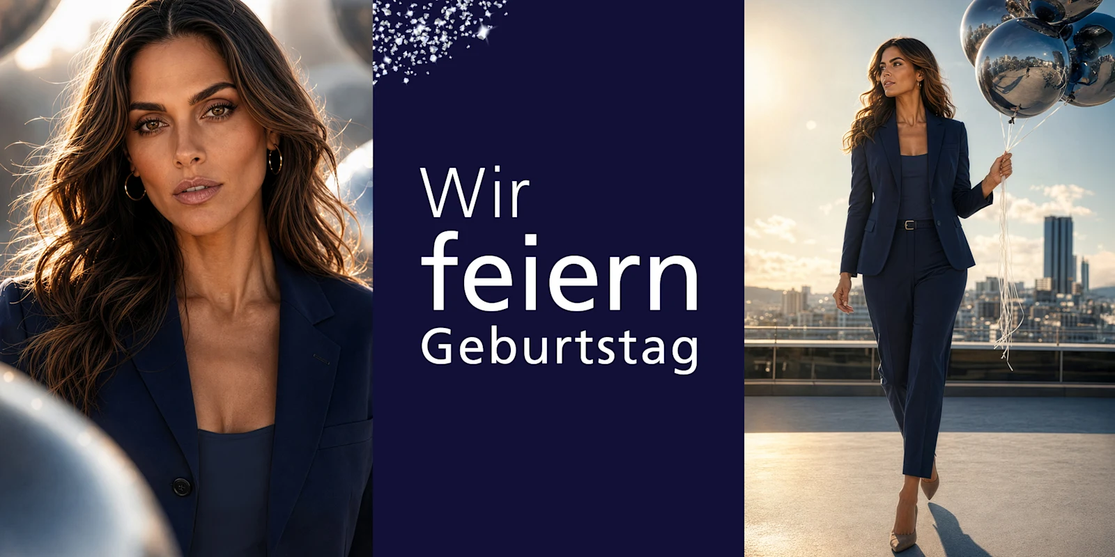 Ein Model mit langen Haaren trägt einen dunkelblauen Anzug und hält silberne Luftballons. Text: 'Wir feiern Geburtstag'. Ein Model mit langen Haaren trägt einen dunkelblauen Anzug und hält silberne Luftballons. Text: 'Wir feiern Geburtstag'.