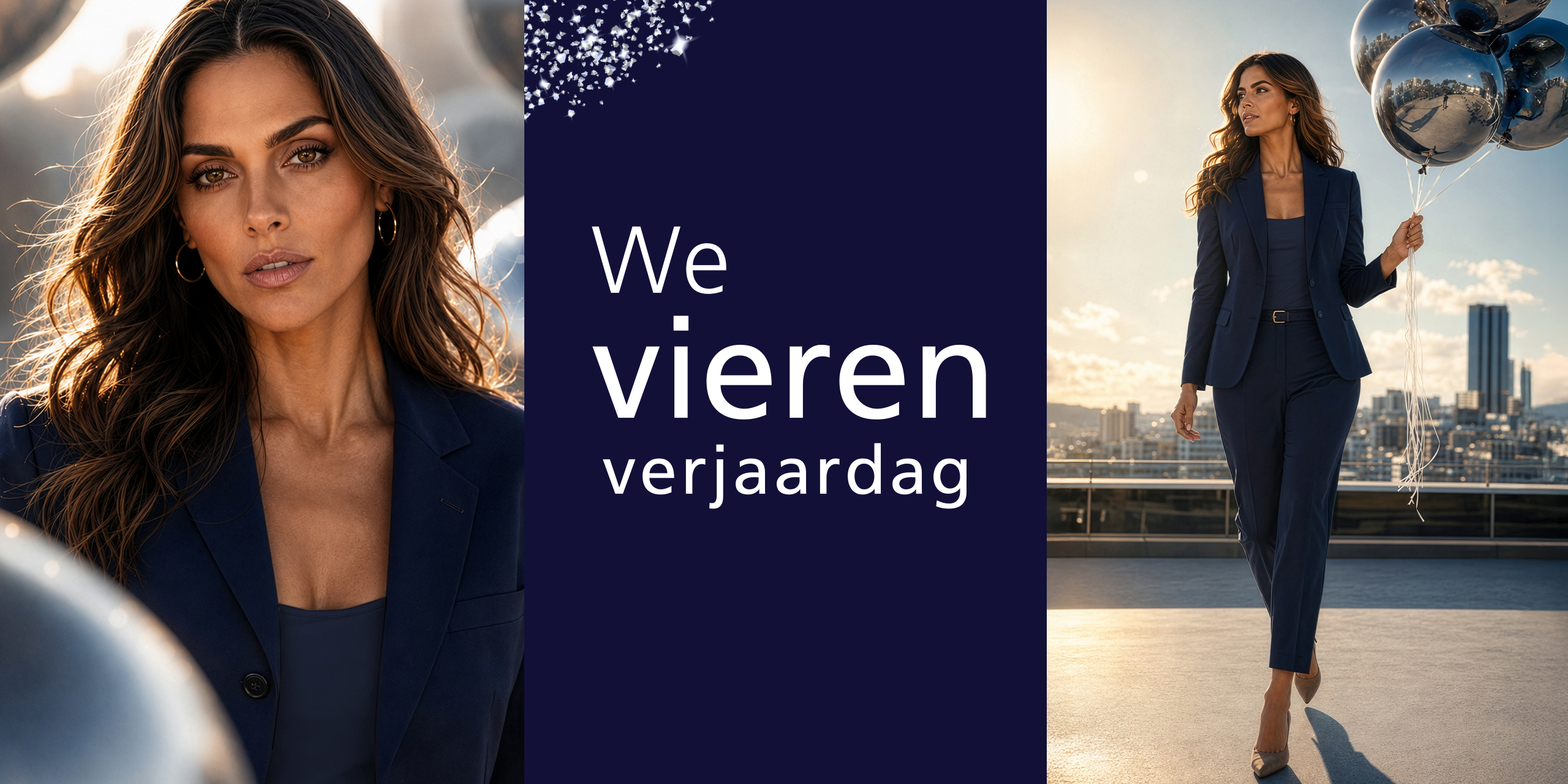Een model met lang haar draagt een donkerblauw pak en houdt zilveren ballonnen vast. Tekst: 'We vieren verjaardag'.