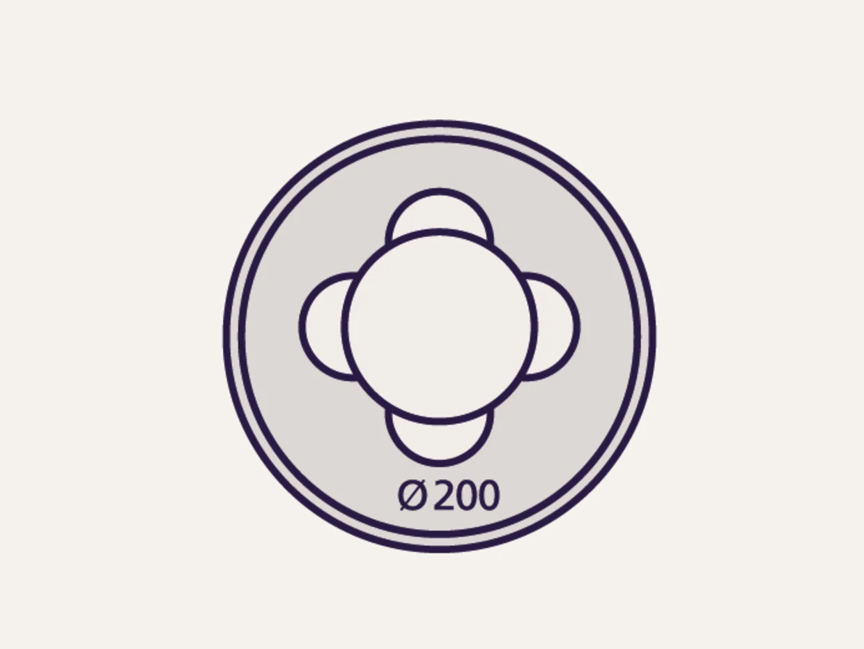Een symbool van een ronde eettafel op een tapijt met een diameter van 200 Een symbool van een ronde eettafel op een tapijt met een diameter van 200