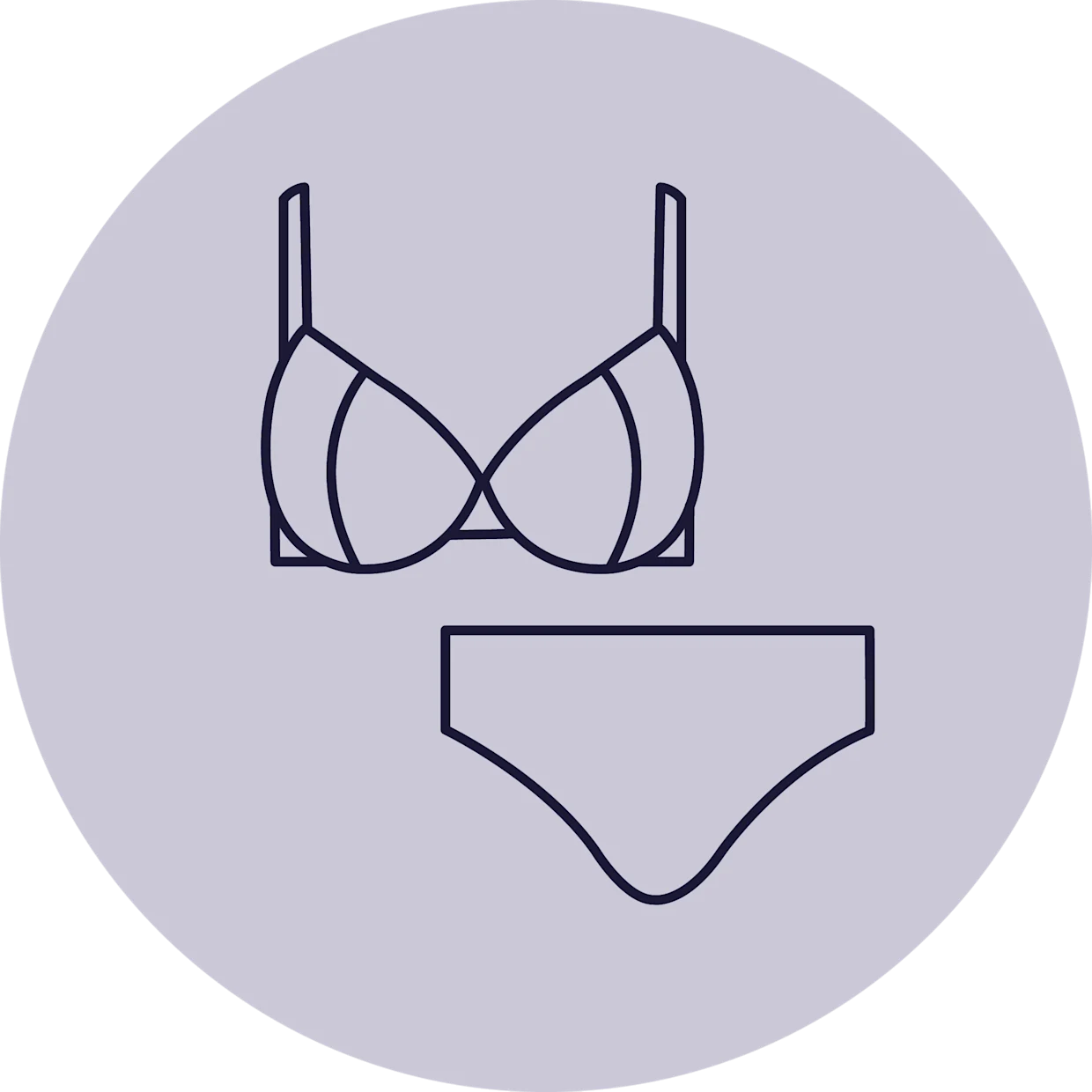 Das Symbol zeigt eine stilisierte Darstellung eines Push-Up-Bikinis mit einem gepolsterten Oberteil und einem Bikinihöschen, innerhalb eines grauen Kreises.