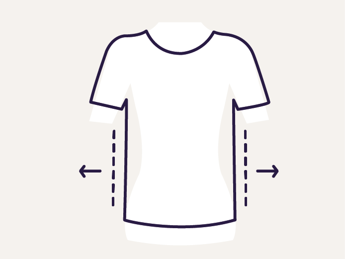 Symbole d'un T-shirt blanc avec des lignes pointillées et des flèches représentant l'ajustement de la largeur.