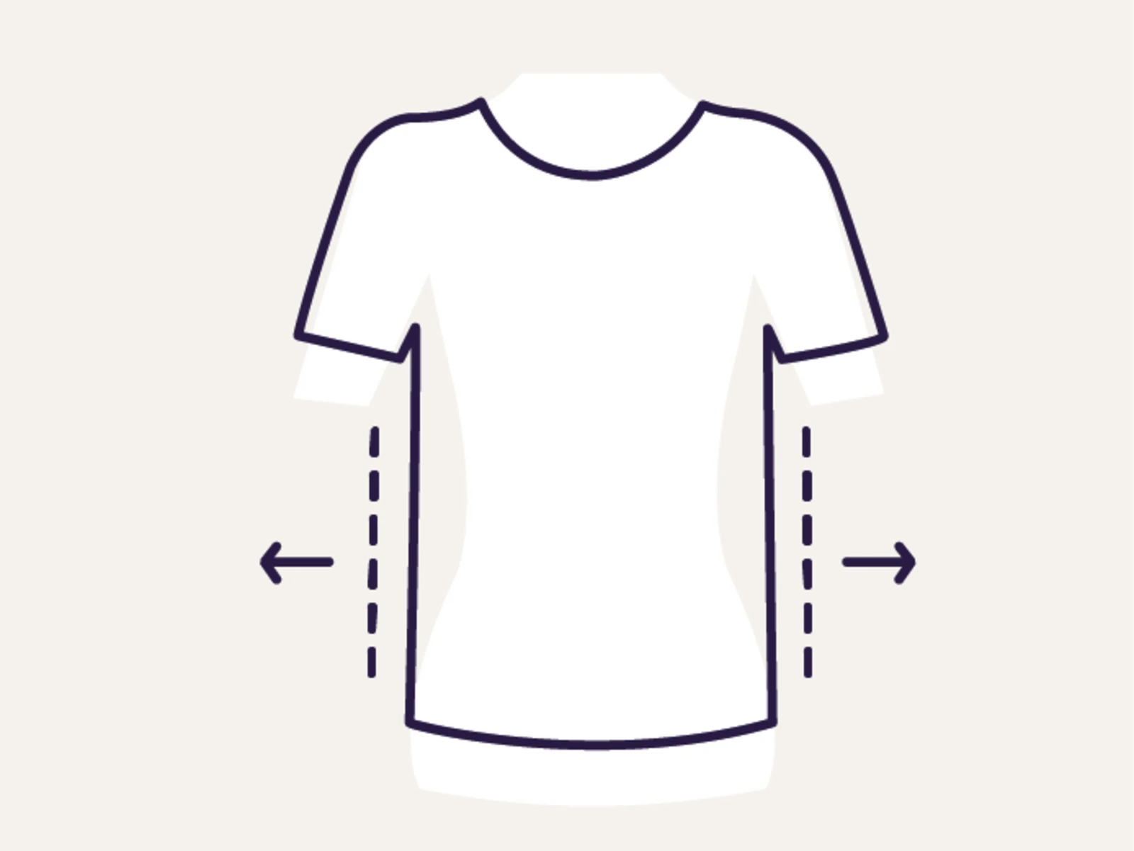 Symbol eines weißen T-Shirts mit gestrichelten Linien und Pfeilen, die eine Anpassung der Weite darstellen. Symbol eines weißen T-Shirts mit gestrichelten Linien und Pfeilen, die eine Anpassung der Weite darstellen.