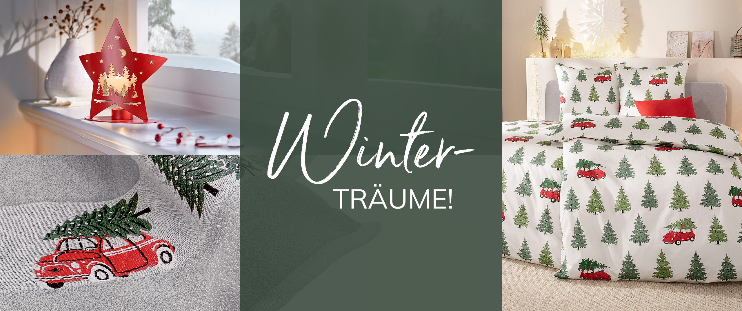 Winterliche Dekorationen: Ein Fensterbrett mit Sternenlaterne, Bestickung und Bettwäsche mit Weihnachtsbaummotiven. Text: 'Winter- TRÄUME!'.