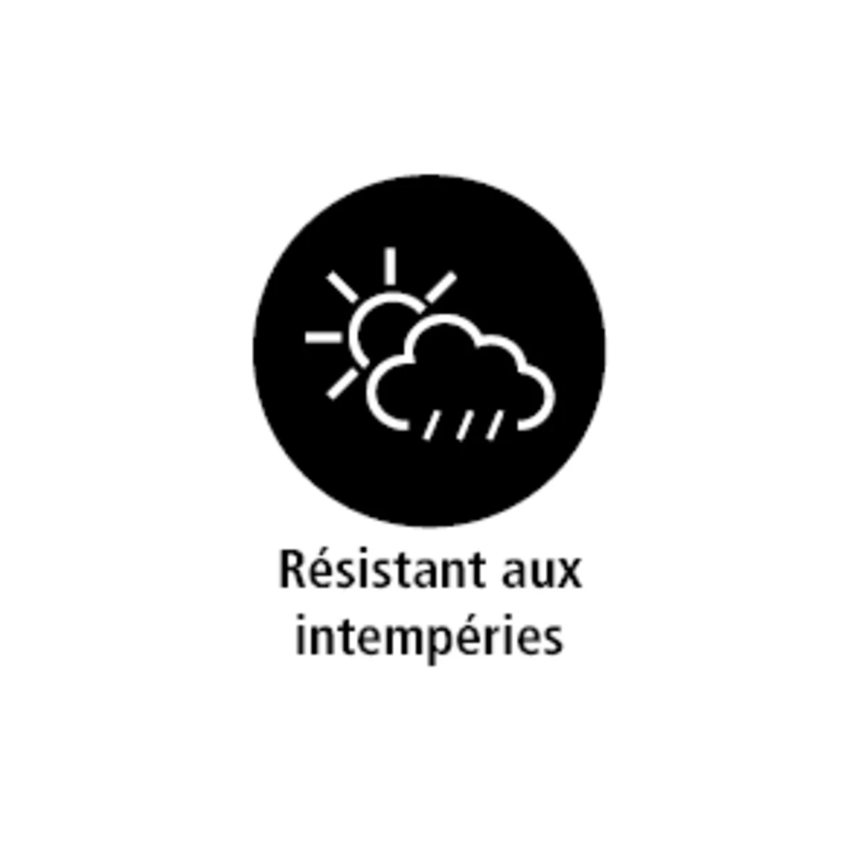 Het symbool toont een zon die gedeeltelijk verduisterd wordt door een wolk waaruit regendruppels vallen, binnen een zwarte cirkel. Onder de cirkel staat het woord "weerbestendig", wat aangeeft dat het product of materiaal bestand is tegen verschillende weersomstandigheden. Het symbool toont een zon die gedeeltelijk verduisterd wordt door een wolk waaruit regendruppels vallen, binnen een zwarte cirkel. Onder de cirkel staat het woord "weerbestendig", wat aangeeft dat het product of materiaal bestand is tegen verschillende weersomstandigheden.